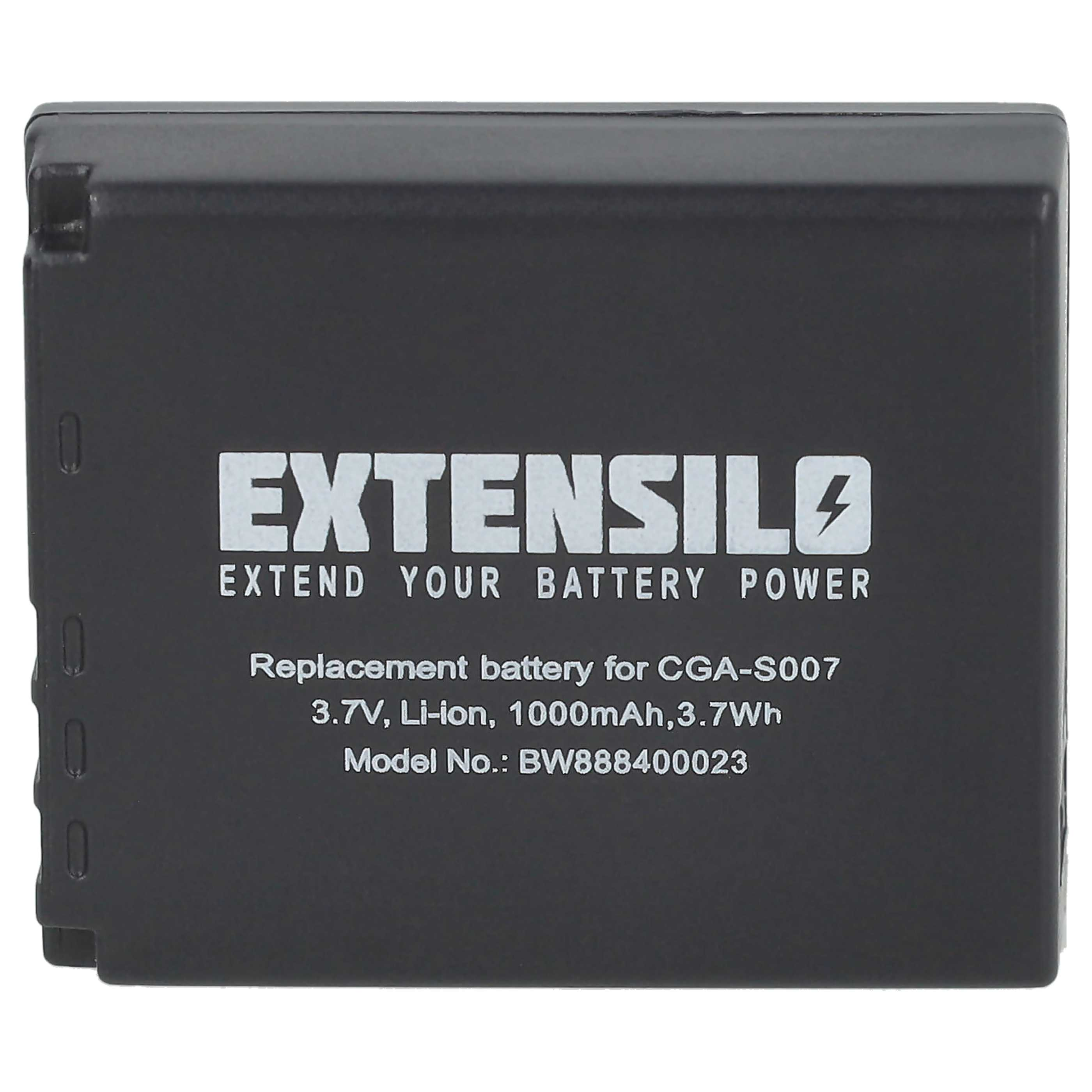 Schwarzer EXTENSILO Akku für eine Kamera, weißer Text. Text: Extend your battery power.