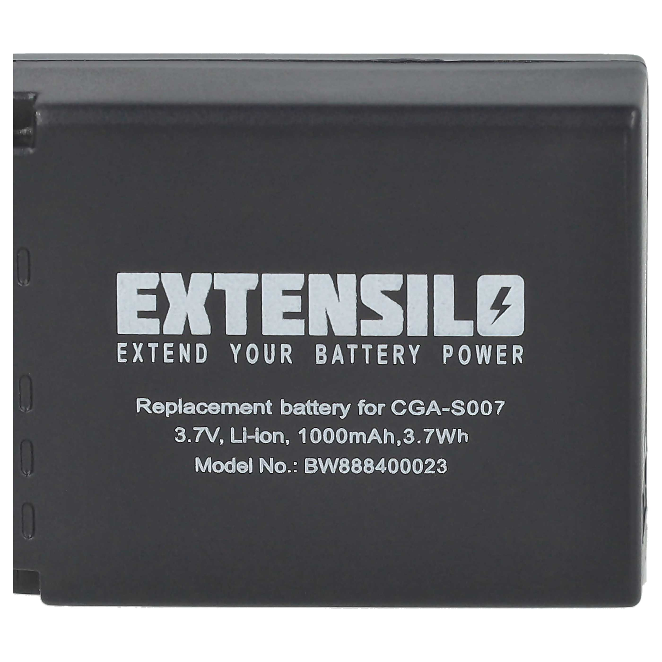 Ein schwarzer Akku mit weißem Text, der 'EXTENSILO' und weitere Details enthält.