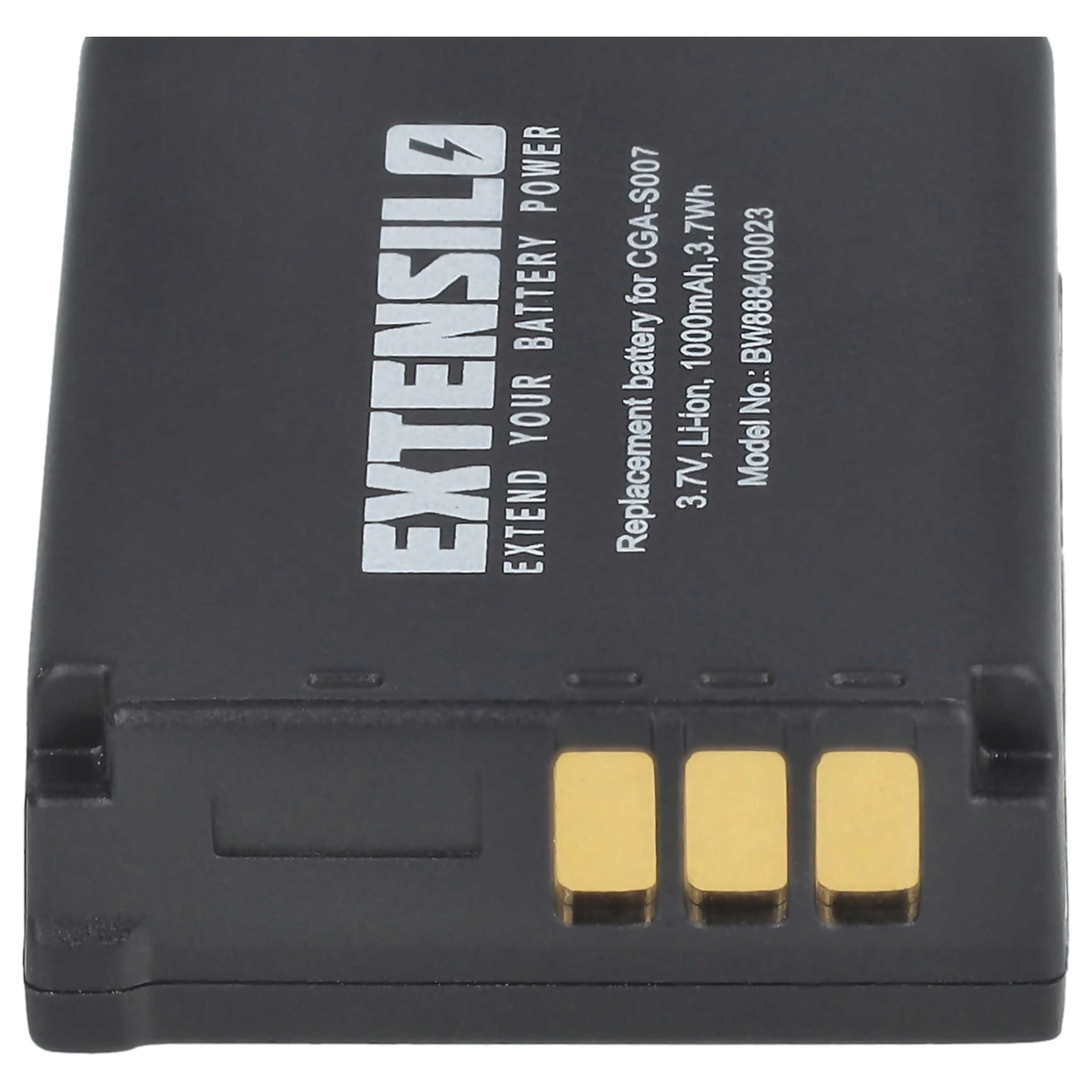 Schwarzes Akku-Pack mit goldenen Anschlüssen, weißem Text und dem Extensilo-Logo.