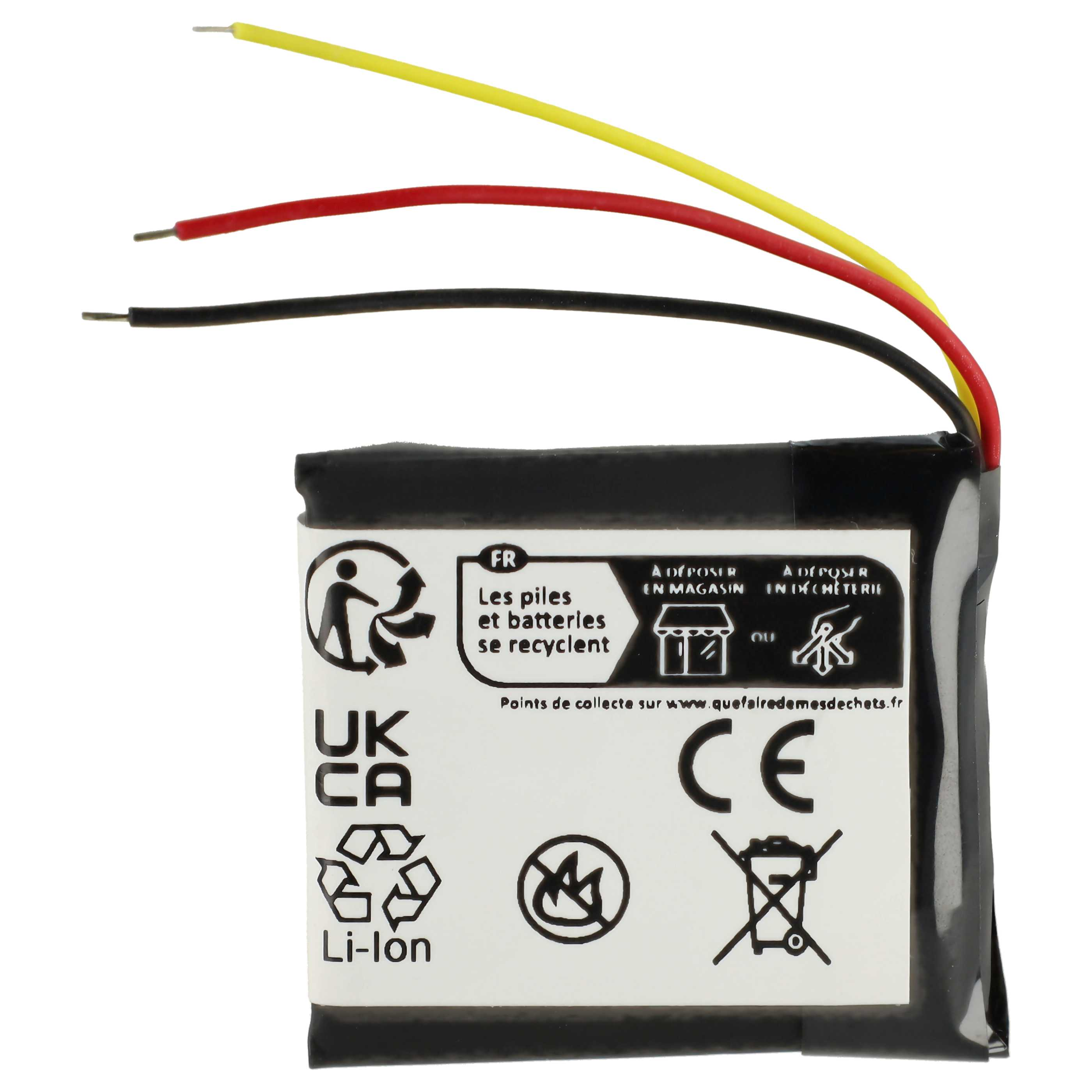 Eine Batterie mit Drähten und Recycling-Symbolen, mit französischem Text.