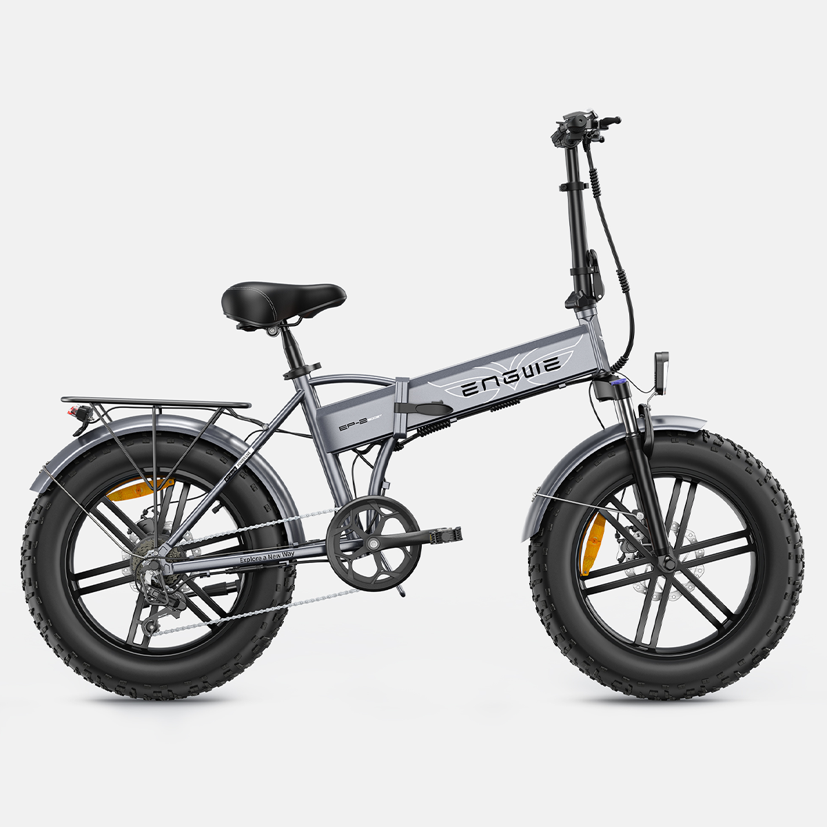 Szary rower elektryczny z dużymi oponami, widok z boku.