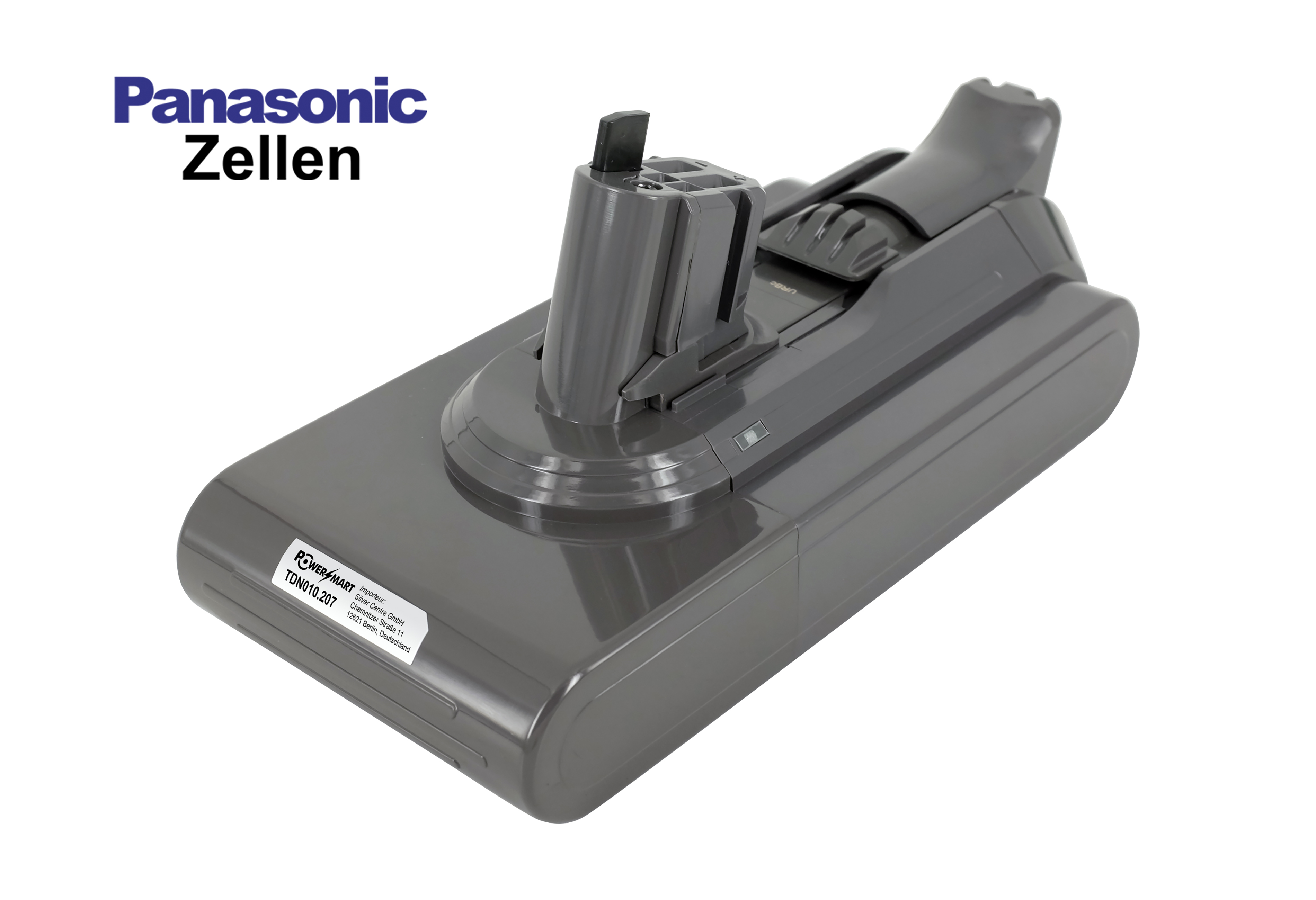 Graue Staubsaugerbatterie. Panasonic Zelle-Etikett sichtbar.