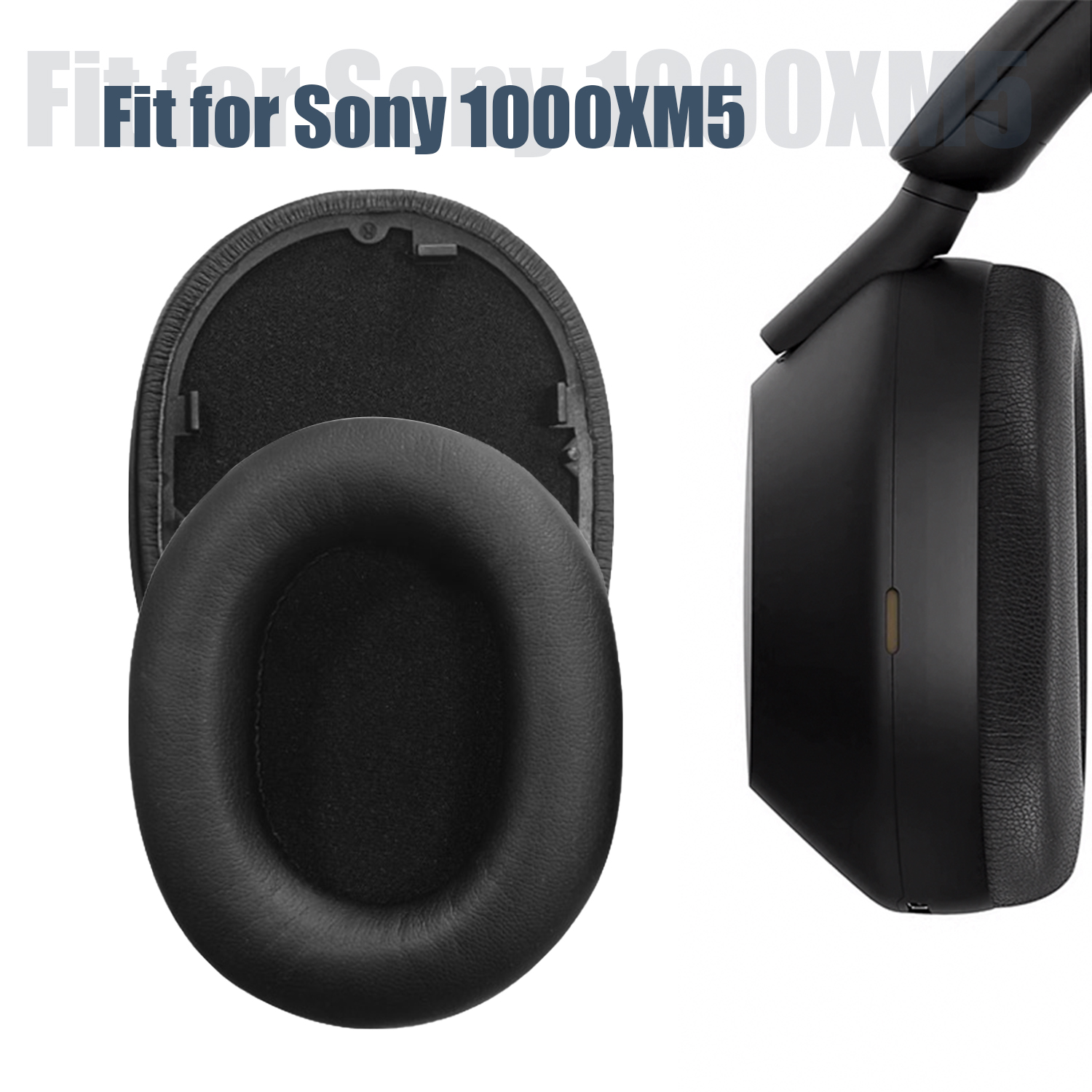 Ohrpolster für Sony-Kopfhörer, mit einem schwarzen, kreisförmigen Design und Text auf der Seite.
