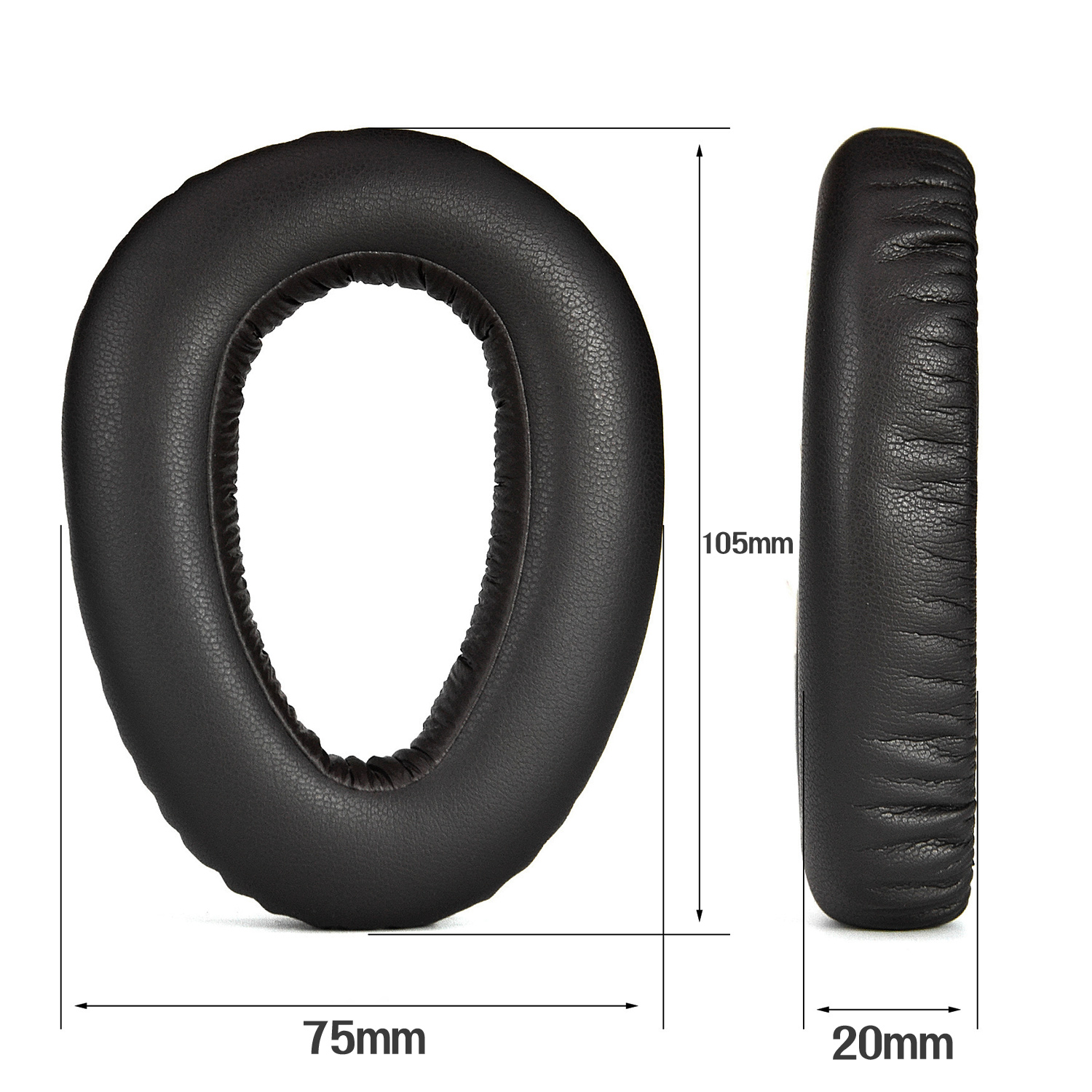 Schwarze Kopfhörer-Ohrpolster mit Abmessungen: 75 mm x 105 mm x 20 mm.