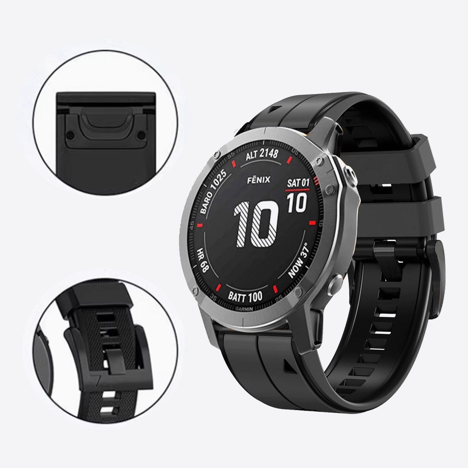 Czarny zegarek Garmin Fenix, zbliżenia detali i czarny pasek na nadgarstek.