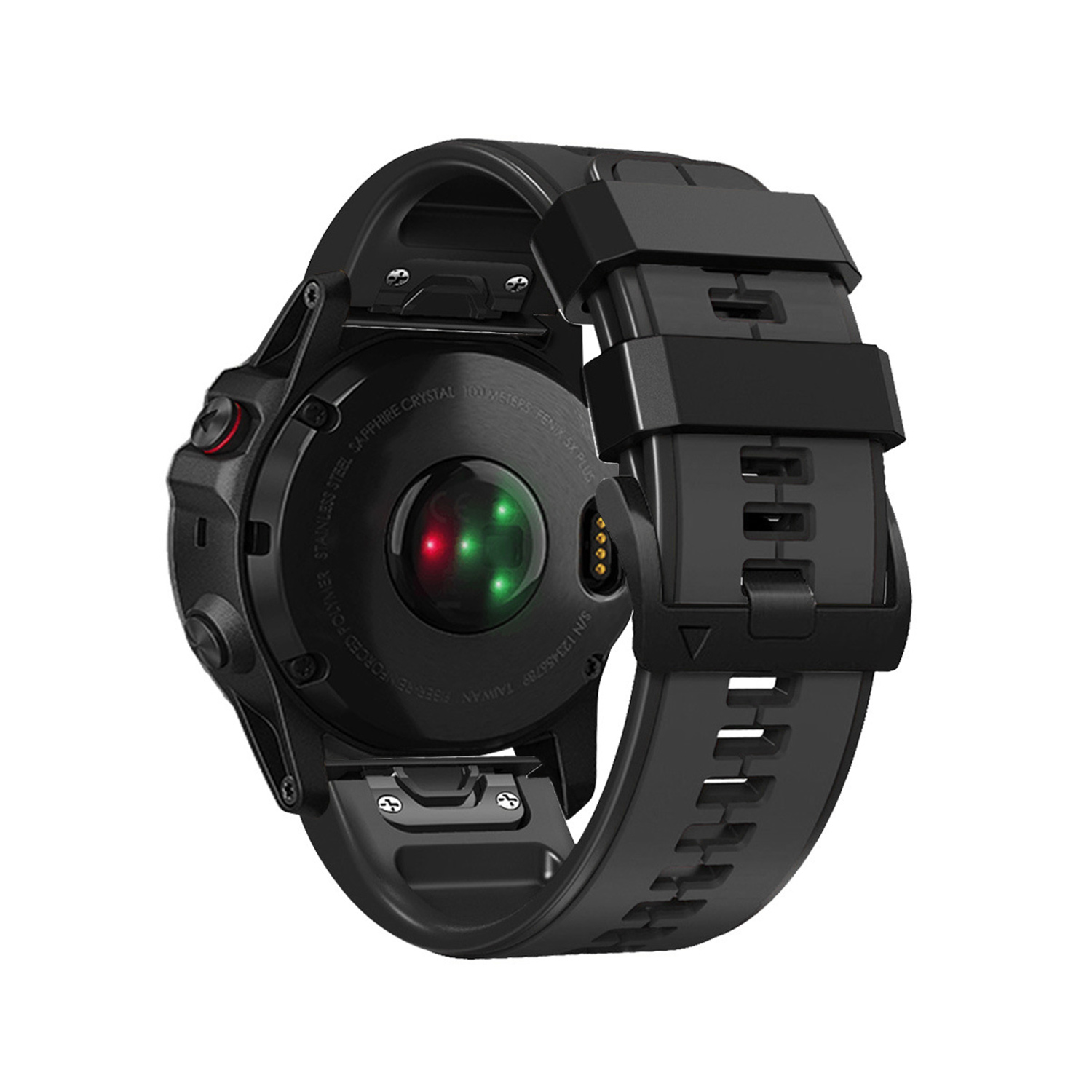 Czarny smartwatch. Widok z tyłu pokazujący czujniki, pasek do zegarka i czerwony przycisk z boku.