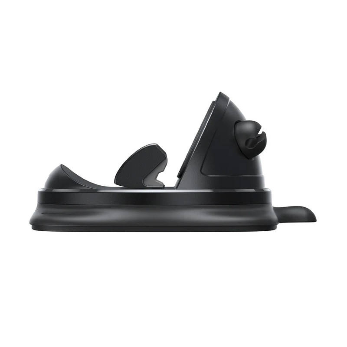 Czarny uchwyt do telefonu samochodowego. To małe, zakrzywione urządzenie z przyssawką i boczną dźwignią.