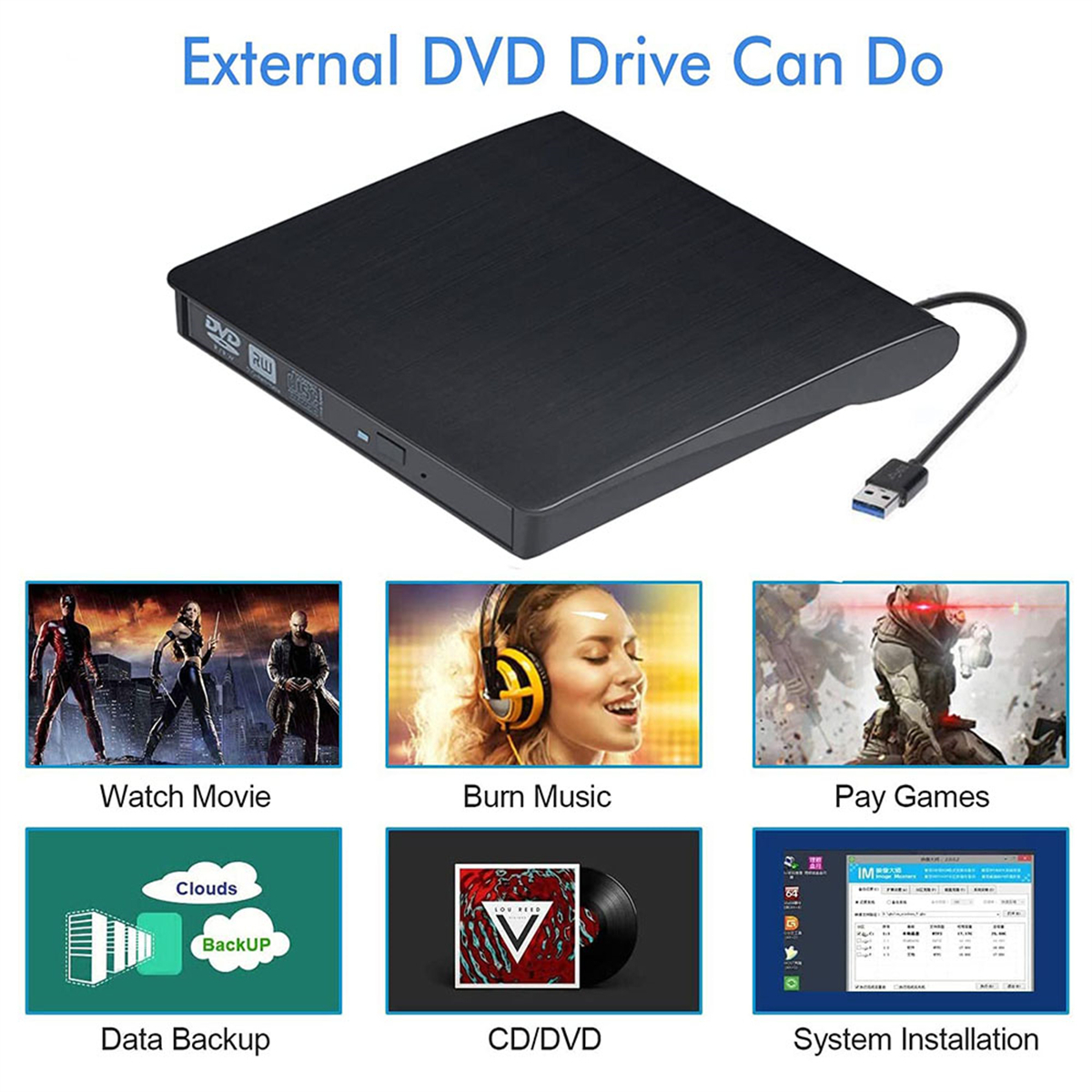 Schwarzes externes DVD-Laufwerk mit Symbolen für: Film ansehen, Musik brennen, Spiele spielen usw.
