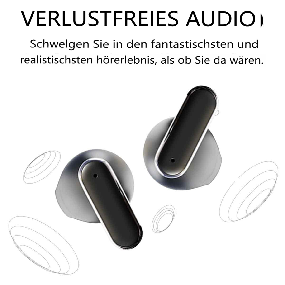 Zwei Ohrhörer, silber und schwarz, mit deutschem Text. Sagt „VERLUSTFREIES AUDIO“. Weißer Hintergrund.