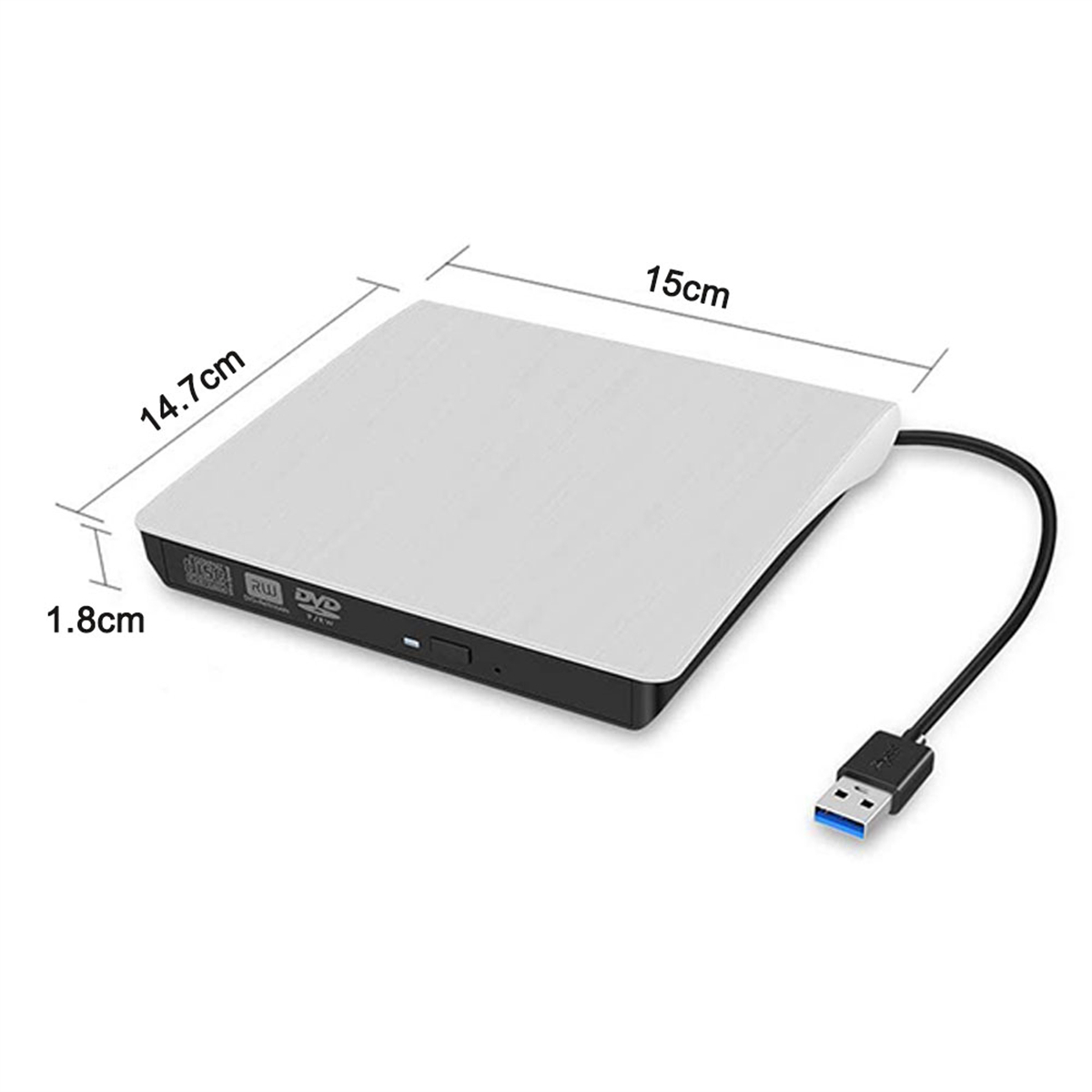 Silbernes und weißes externes DVD-Laufwerk. Mit Maßen und USB-Kabel. Weißer Hintergrund.