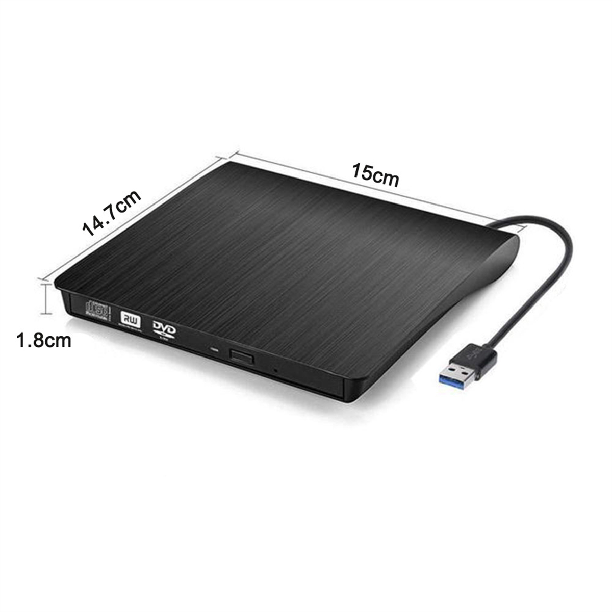 Schwarzes tragbares DVD-Laufwerk mit USB-Kabel, Abmessungen 14,7x15x1,8cm.