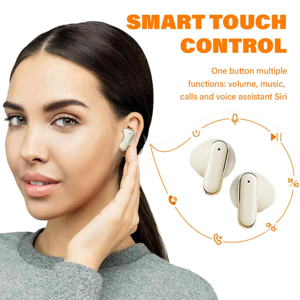 Frau mit Ohrhörern. Text: Smart Touch Control. Ohrhörer sind weiß und goldfarben.