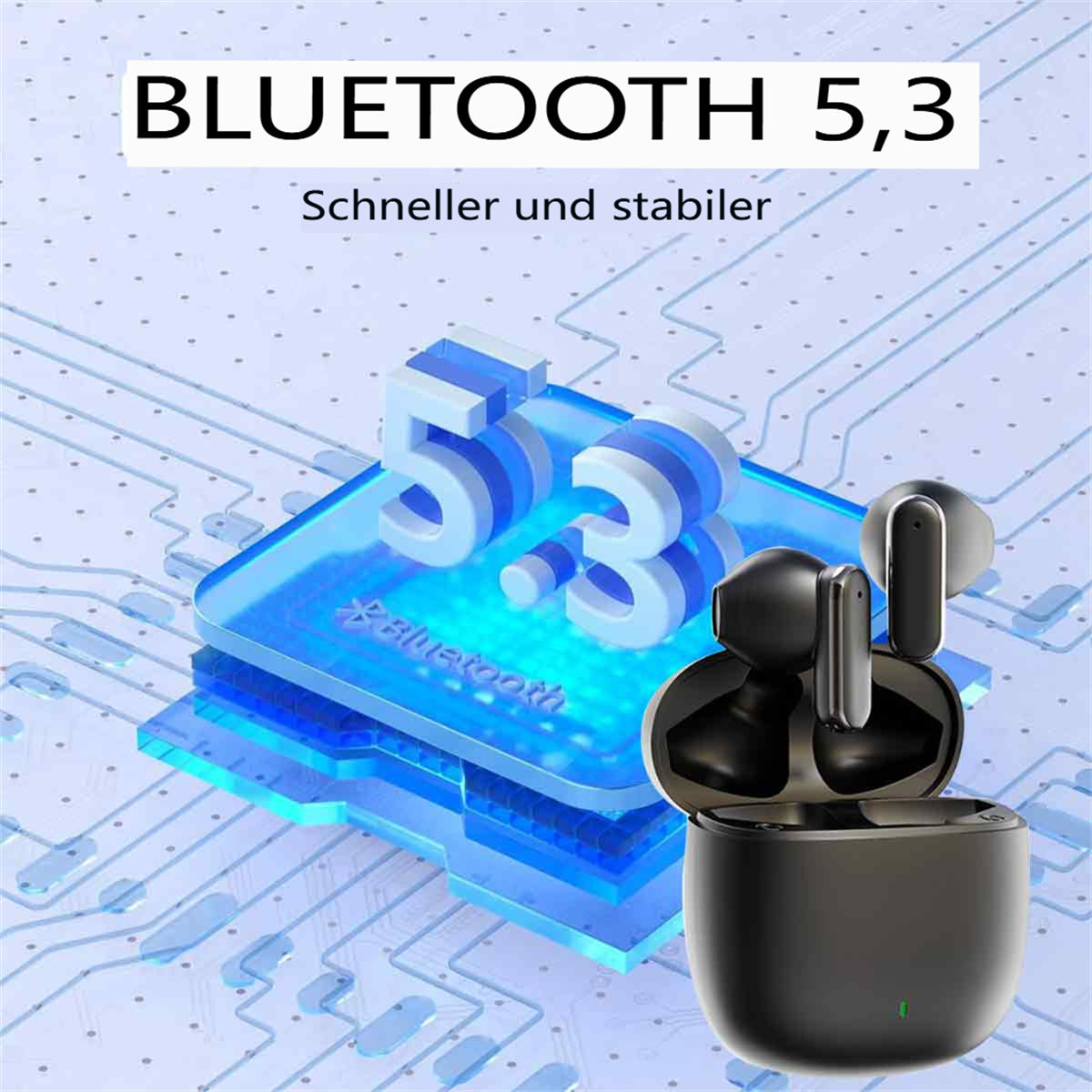 Schwarze kabellose Ohrhörer mit Ladecase, mit blauem 5.3 Bluetooth-Text überlagert.