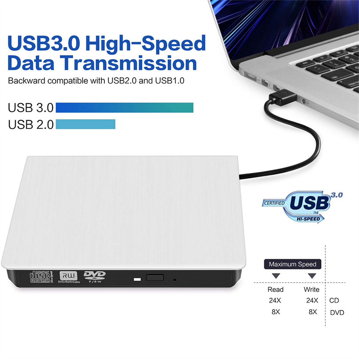 Weißes externes DVD-Laufwerk mit schwarzem Boden, USB 3.0-Kabel und Text zur Datenübertragung.