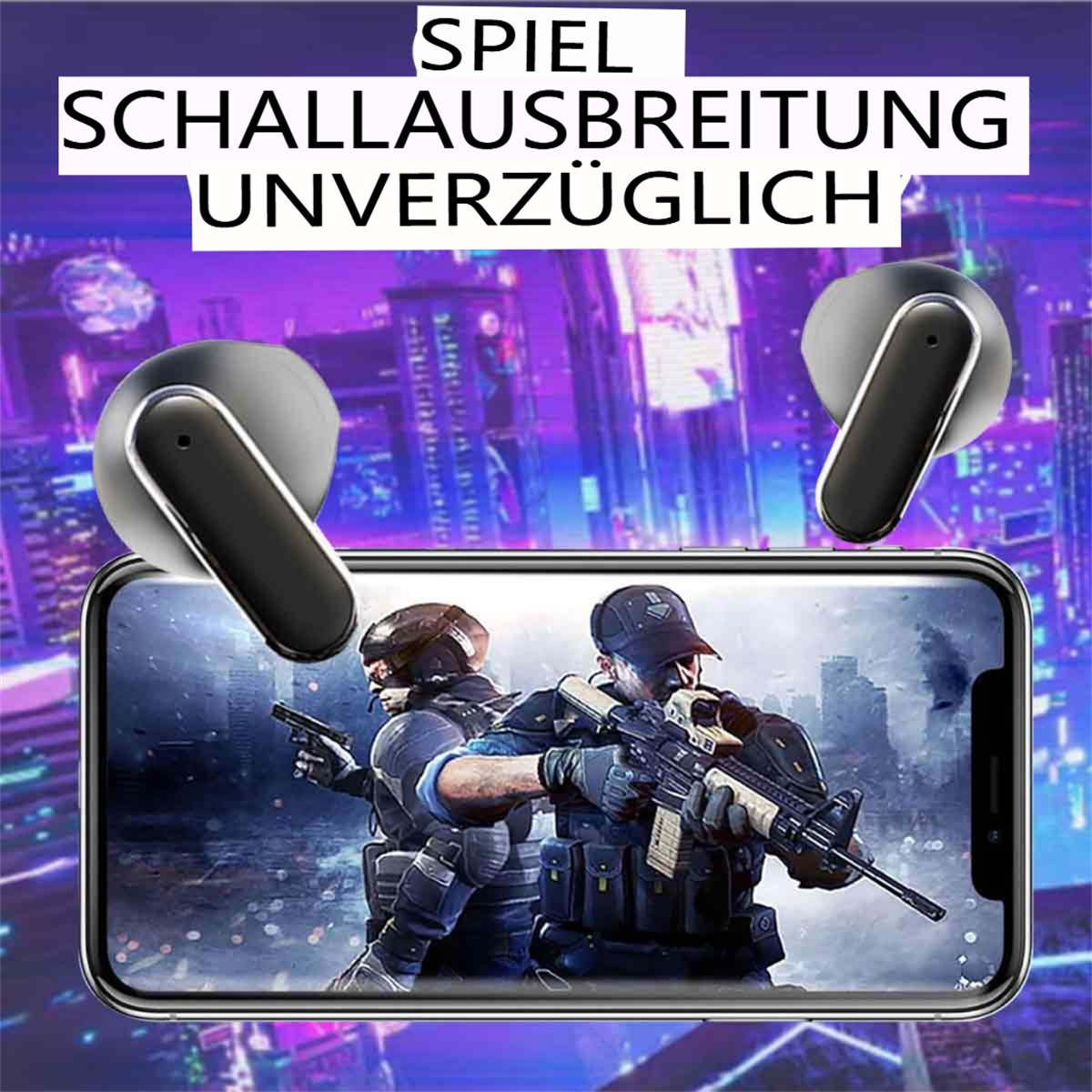 Kopfhörer und ein Telefon, das eine Spielszene mit bewaffneten Charakteren, Text oben und grauen Ohrhörern zeigt.