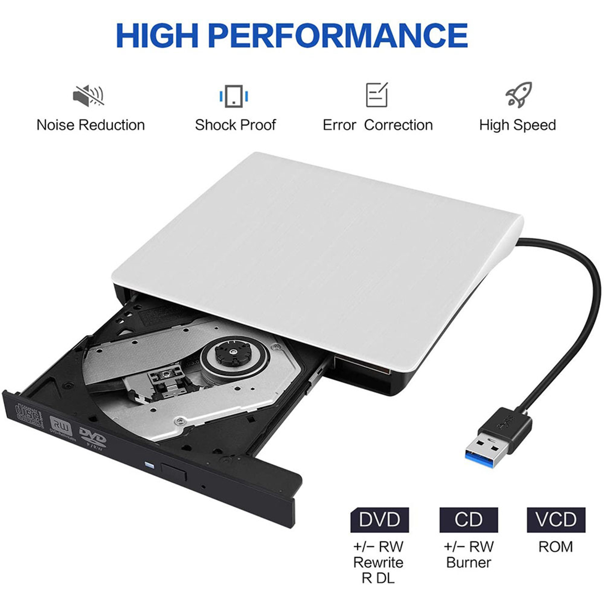 Weißes und silbernes DVD-Laufwerk mit schwarzem USB-Kabel, mit Symbolen, die seine Funktionen anzeigen.