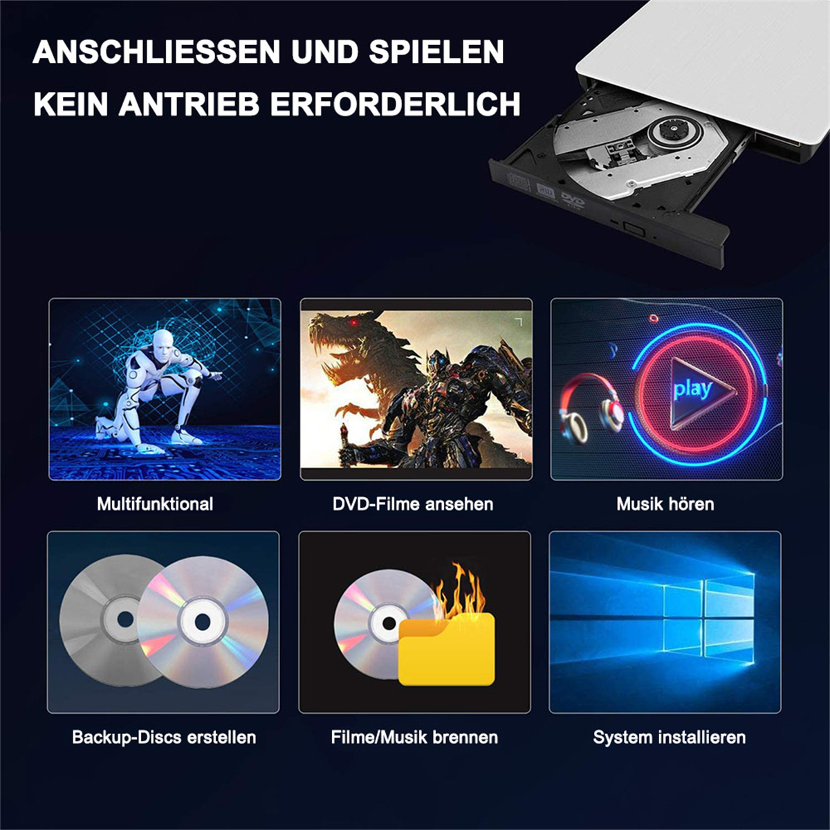 Bild zeigt DVD-Laufwerk und Funktionen: multifunktional, Filme ansehen, Musik hören.