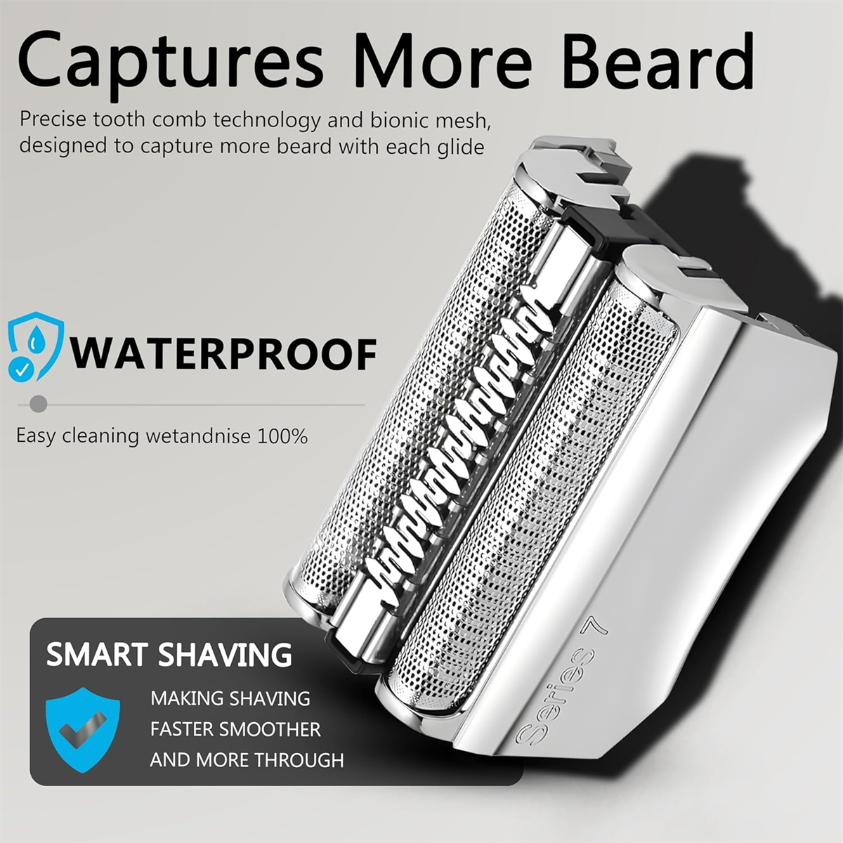 Nahaufnahme eines silbernen Elektrorasiererkopfes mit Text: Captures More Beard.