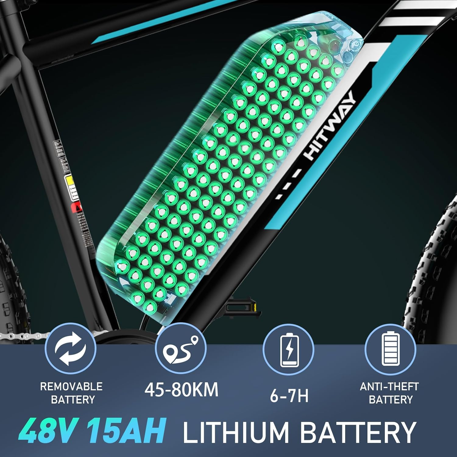 Zbliżenie na akumulator roweru. Zielone ogniwa widoczne przez przezroczystą obudowę.