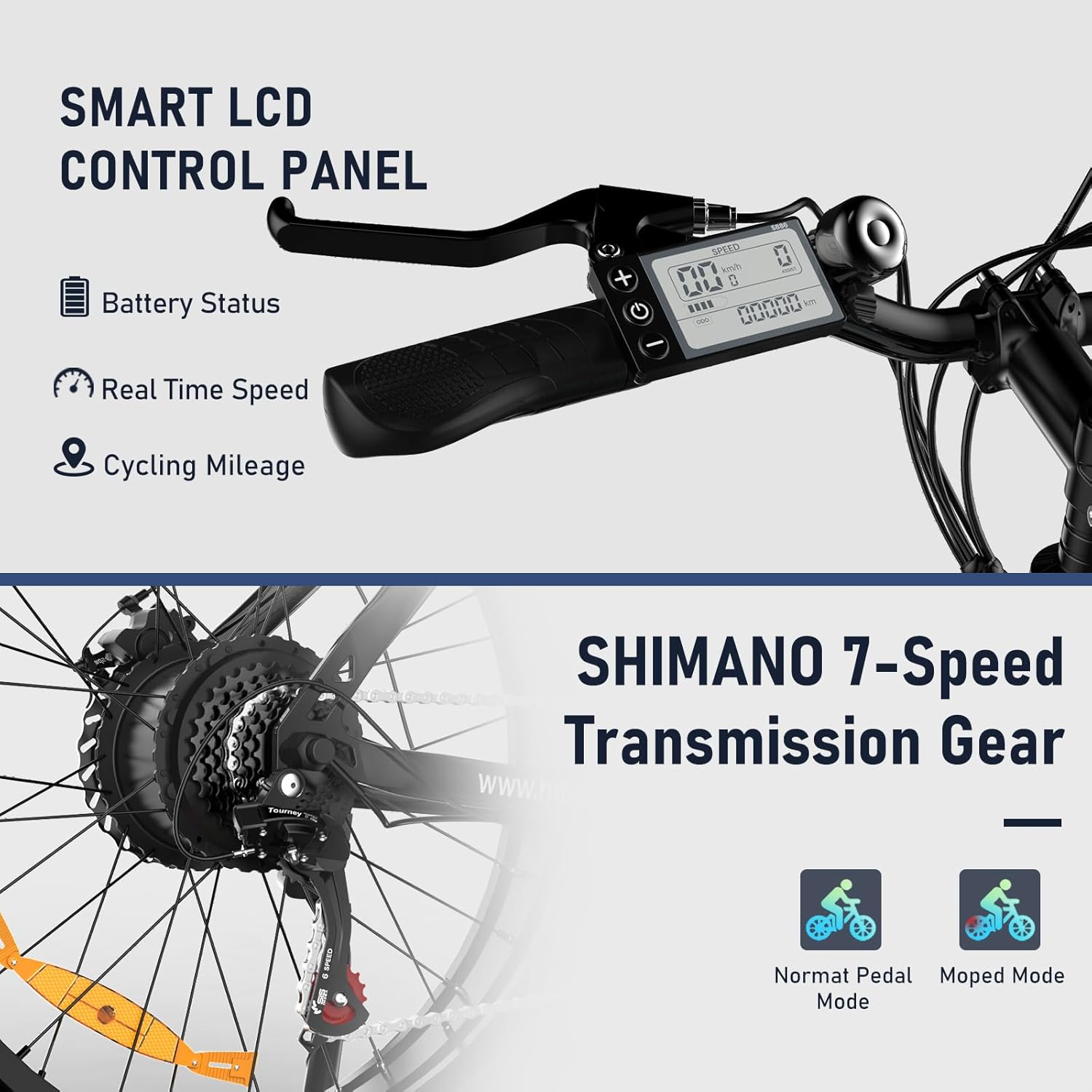 Elementy roweru elektrycznego. Inteligentny panel LCD, stan baterii i system Shimano.