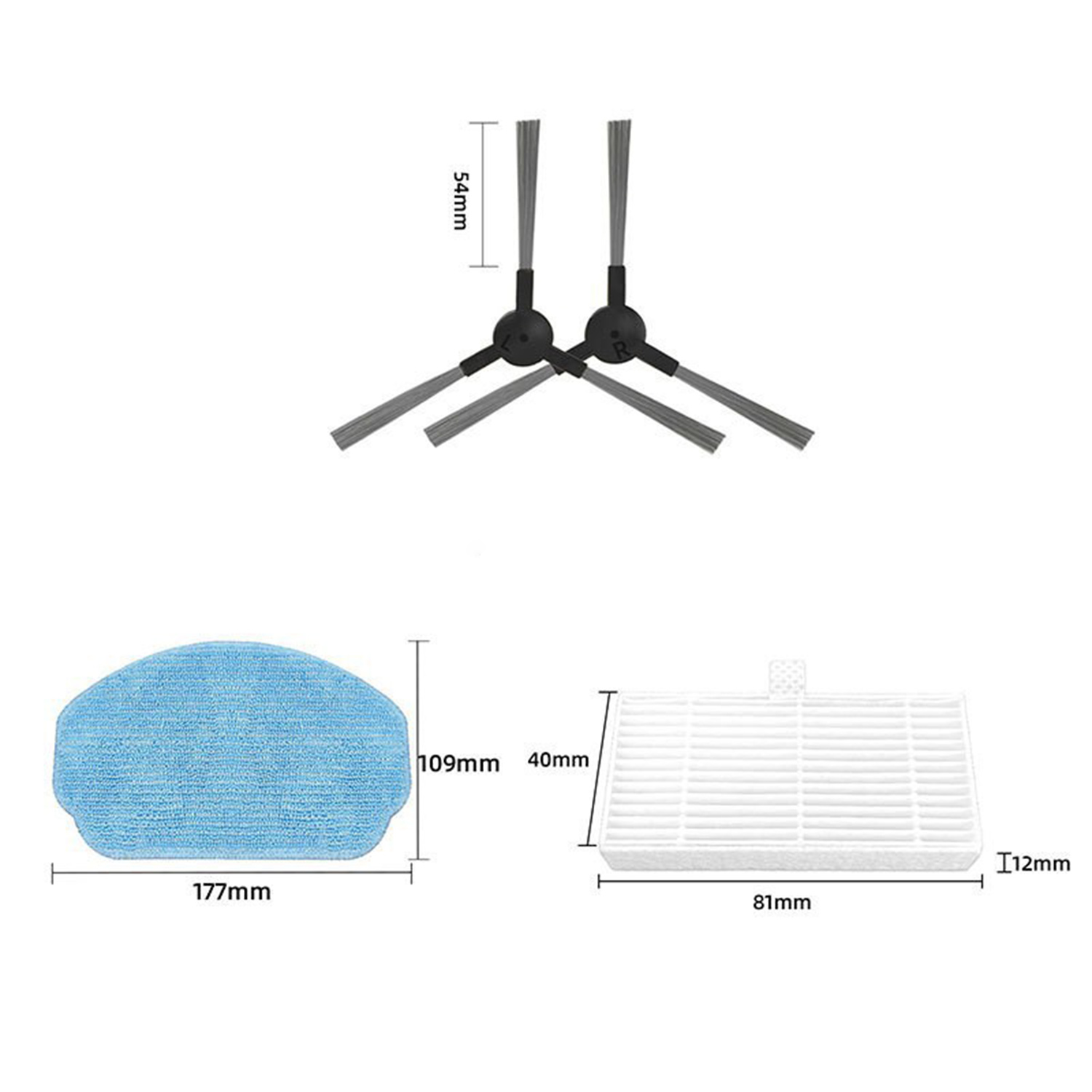 Elementy robota sprzątającego: niebieska nakładka do mopowania, dwie głowice szczotek i biały filtr.