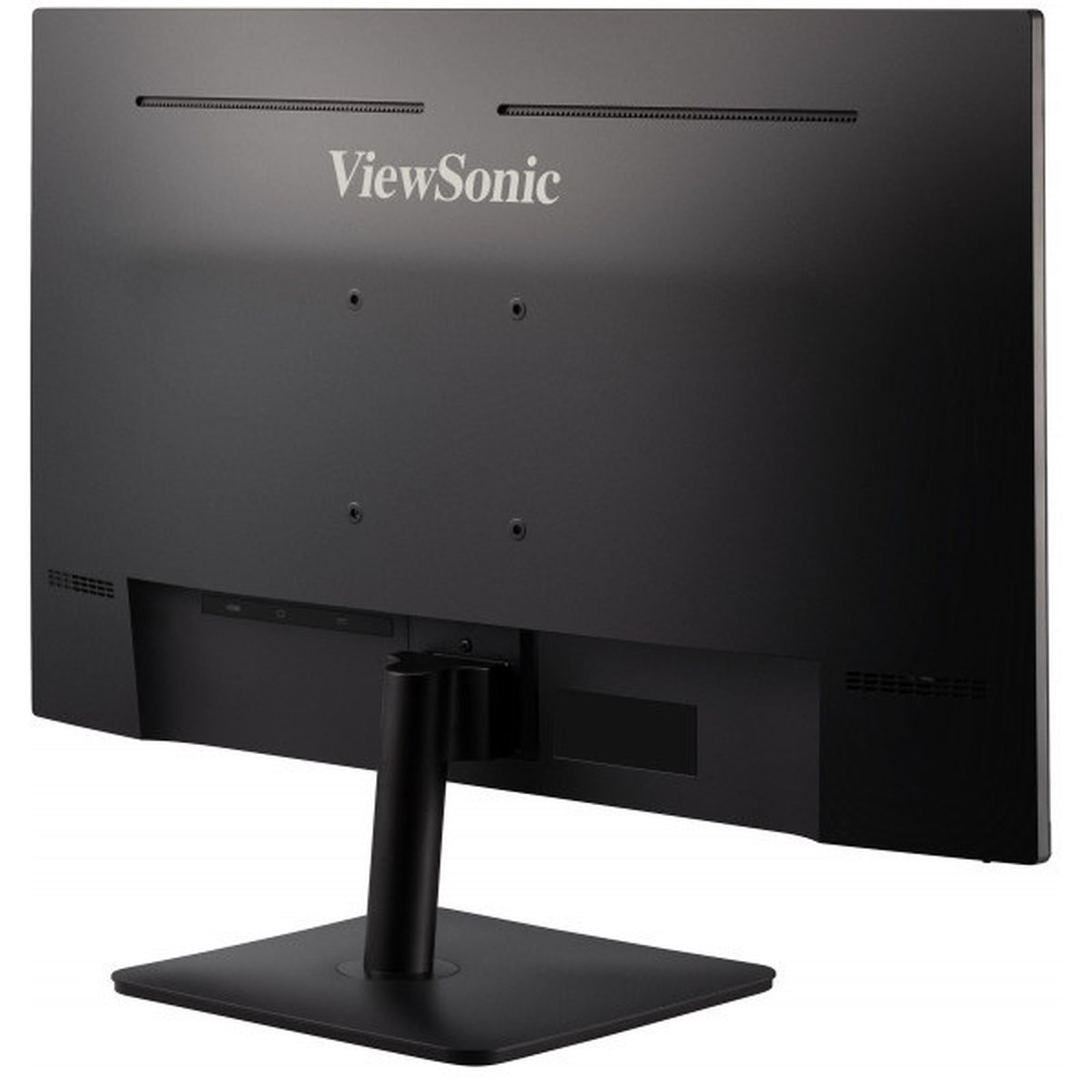 Rückseite eines schwarzen ViewSonic-Monitors. Er hat einen Ständer und Anschlüsse. Das Logo befindet sich oben.