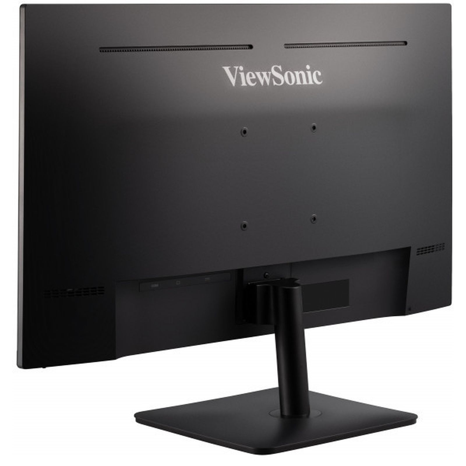 Rückseite eines schwarzen ViewSonic-Computermonitors. Er hat einen Ständer und Anschlüsse sind sichtbar.