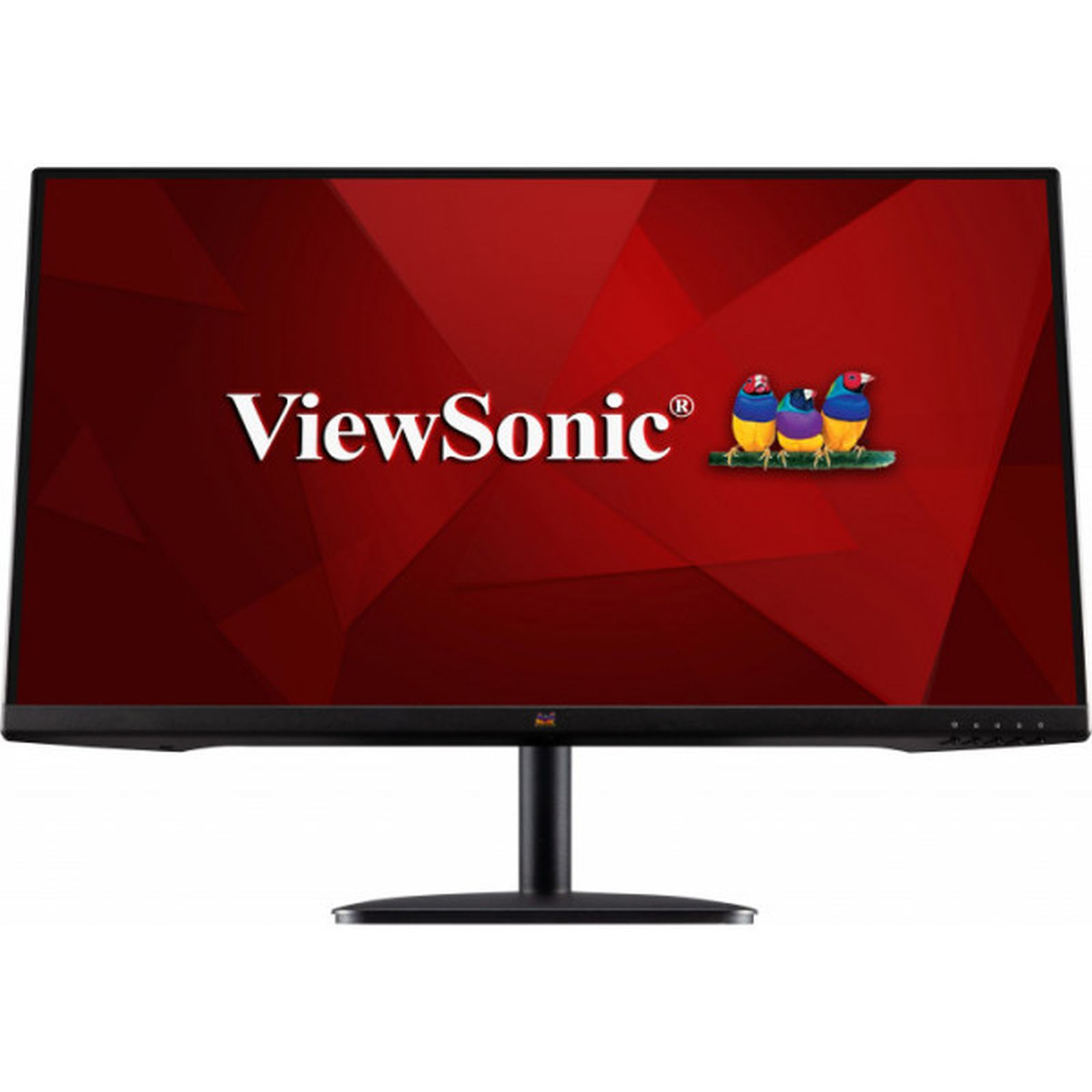 ViewSonic Monitor mit rotem Hintergrund und Logo. Schwarzer Standfuß unten.