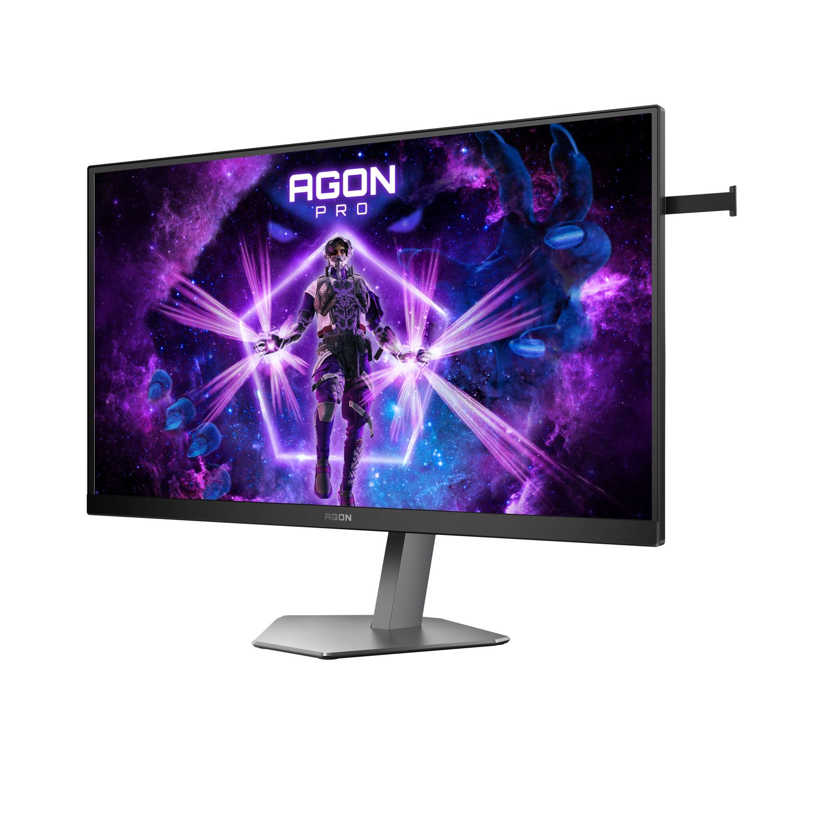 Un monitor de juegos muestra un guerrero en una escena cósmica púrpura y azul, con marco y soporte negros.