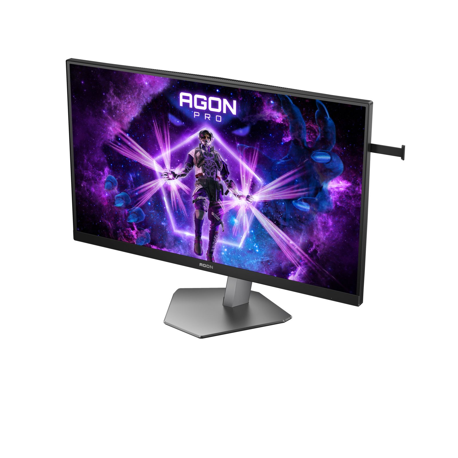 Monitor de computadora negro. Una mujer con un atuendo futurista sobre un fondo morado y azul.