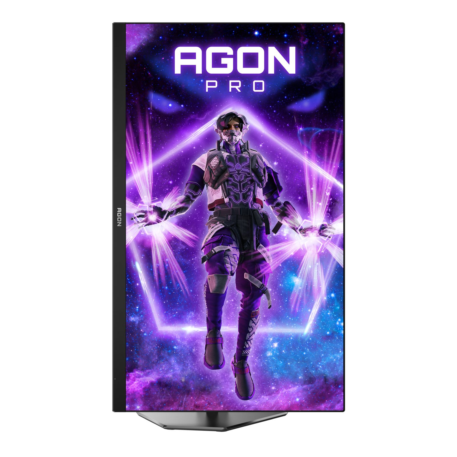 Monitor de juegos que muestra un personaje futurista con un fondo púrpura y neón.