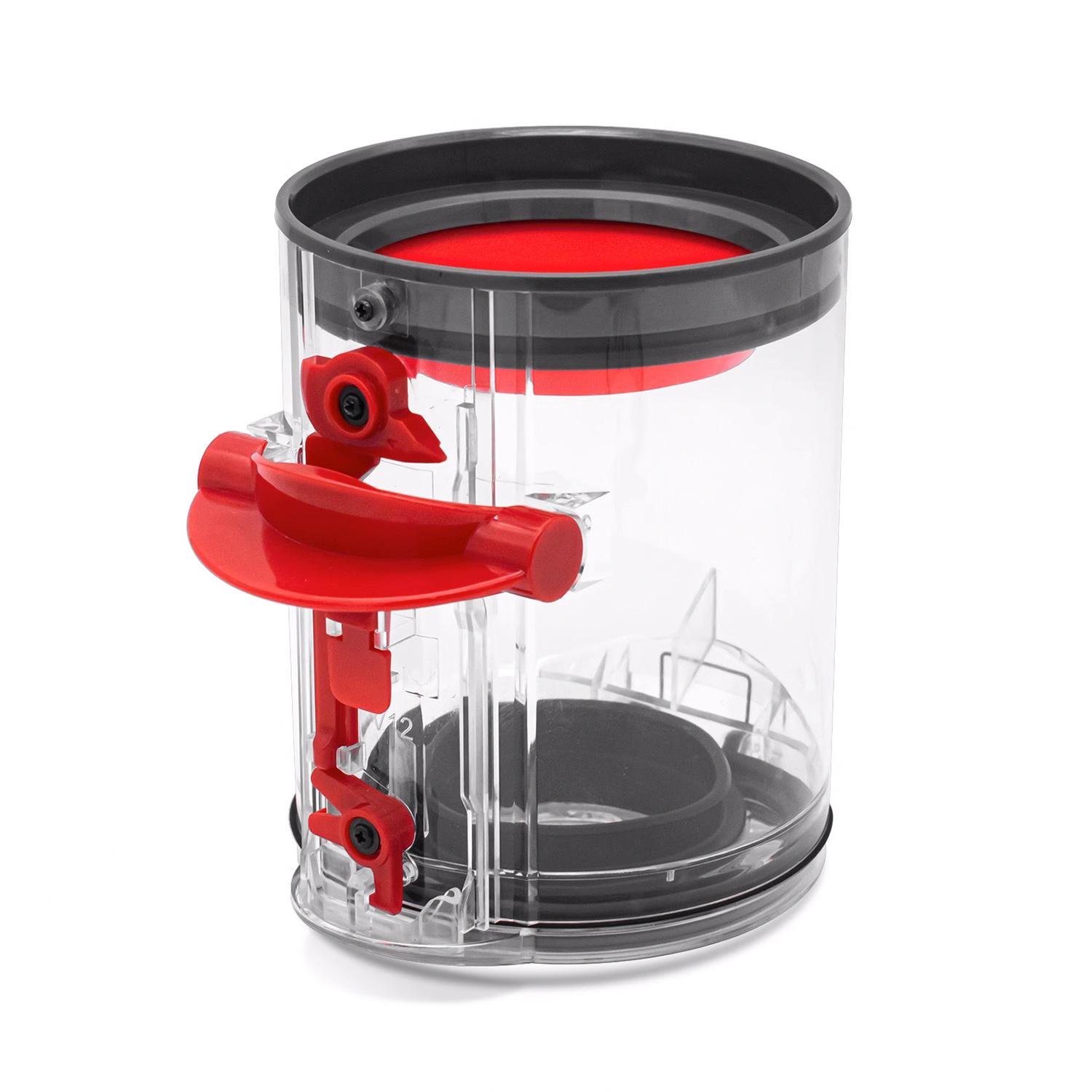 Pojemnik na kurz do odkurzacza z czerwonym uchwytem i filtrem, przezroczysty korpus.