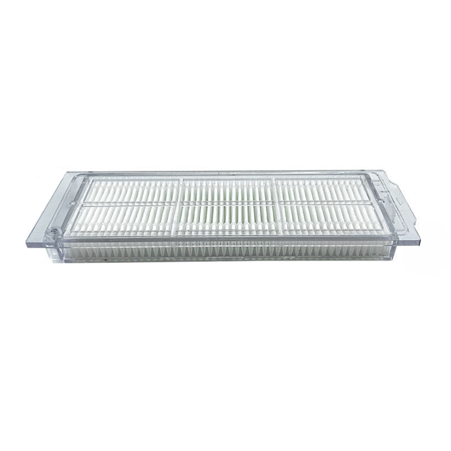 Filtro rettangolare bianco per aspirapolvere. Cornice in plastica trasparente. Sfondo bianco.