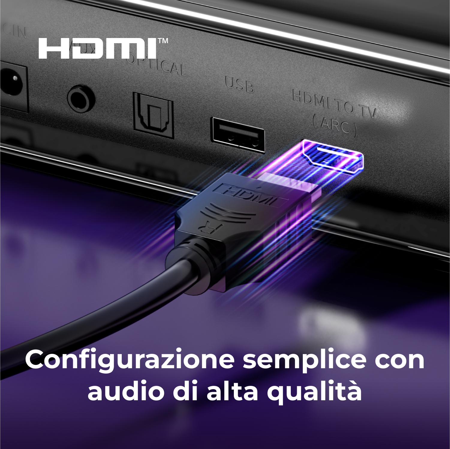 Primo piano del retro di un dispositivo nero, che mostra HDMI e altre porte e un cavo.