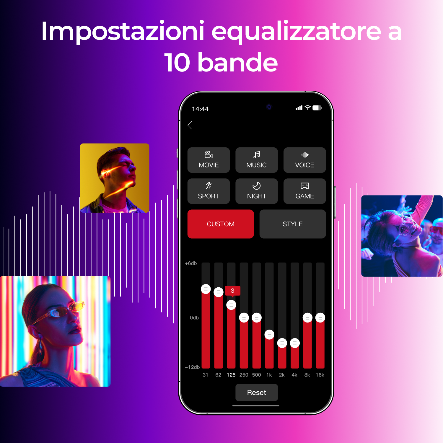 Schermata di un telefono che mostra le impostazioni dell'equalizzatore. Due foto di persone a sinistra e a destra.
