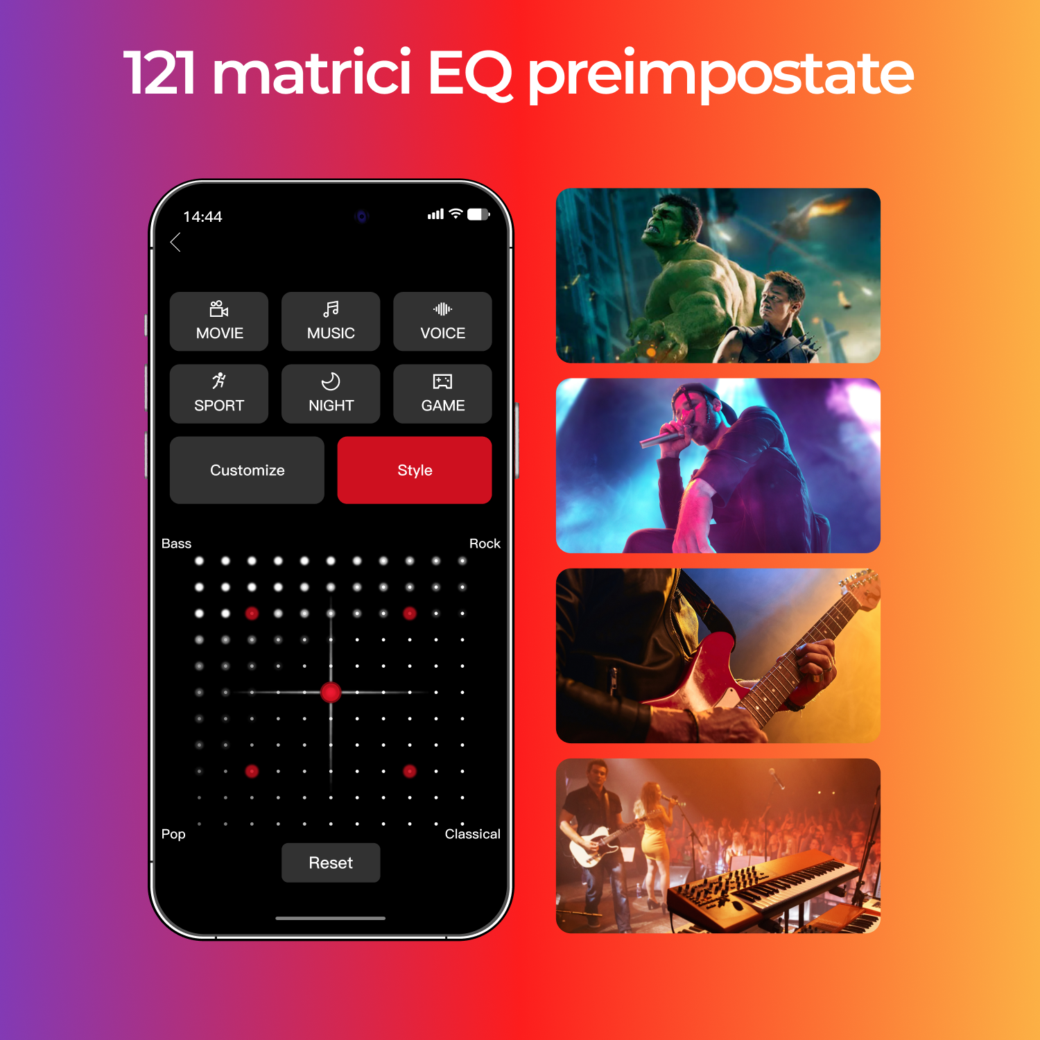 Un telefono con impostazioni predefinite di equalizzazione per musica e film e immagini di esempio.