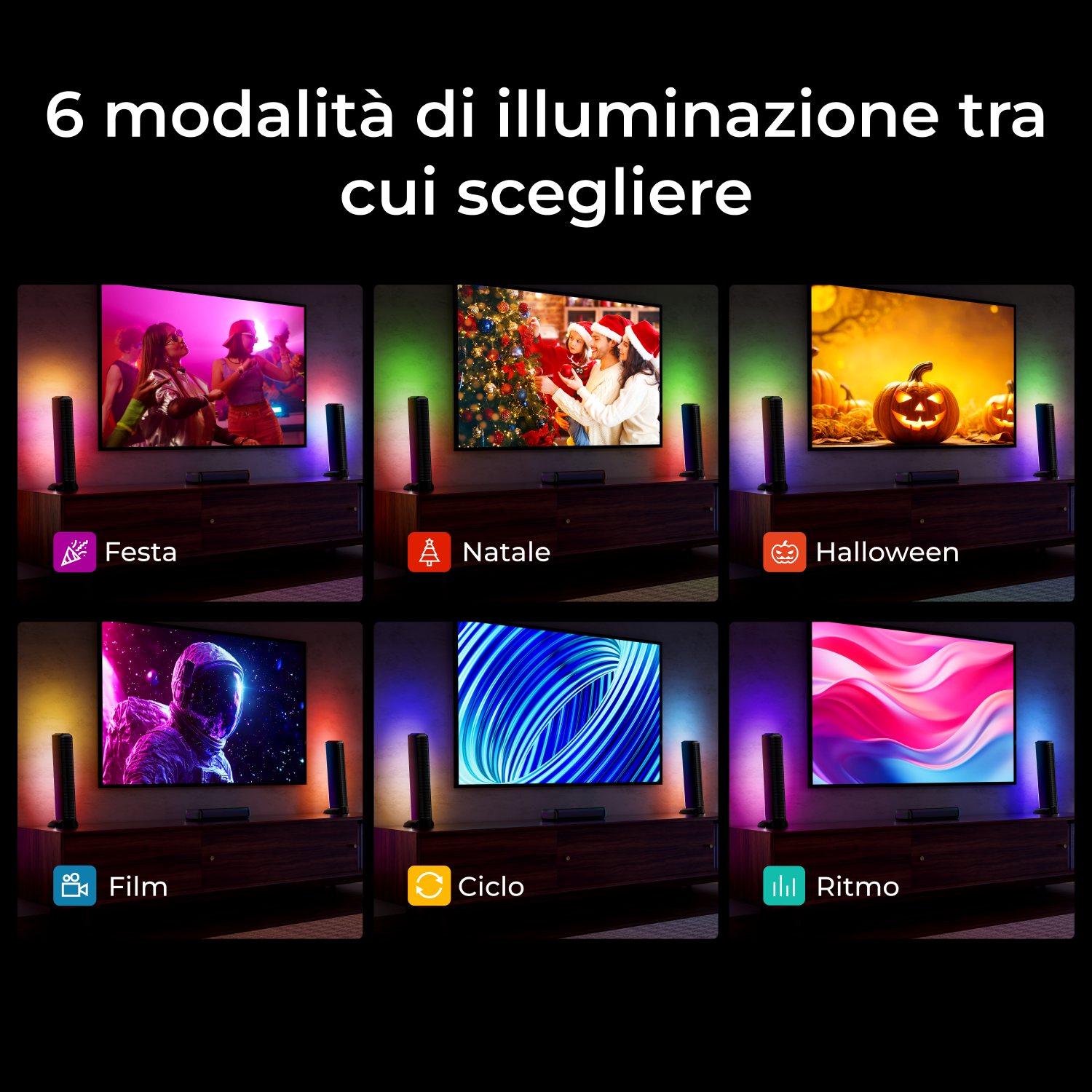 Sei schermi TV con diverse modalità di illuminazione: festa, Natale, Halloween, film, ciclo e ritmo.