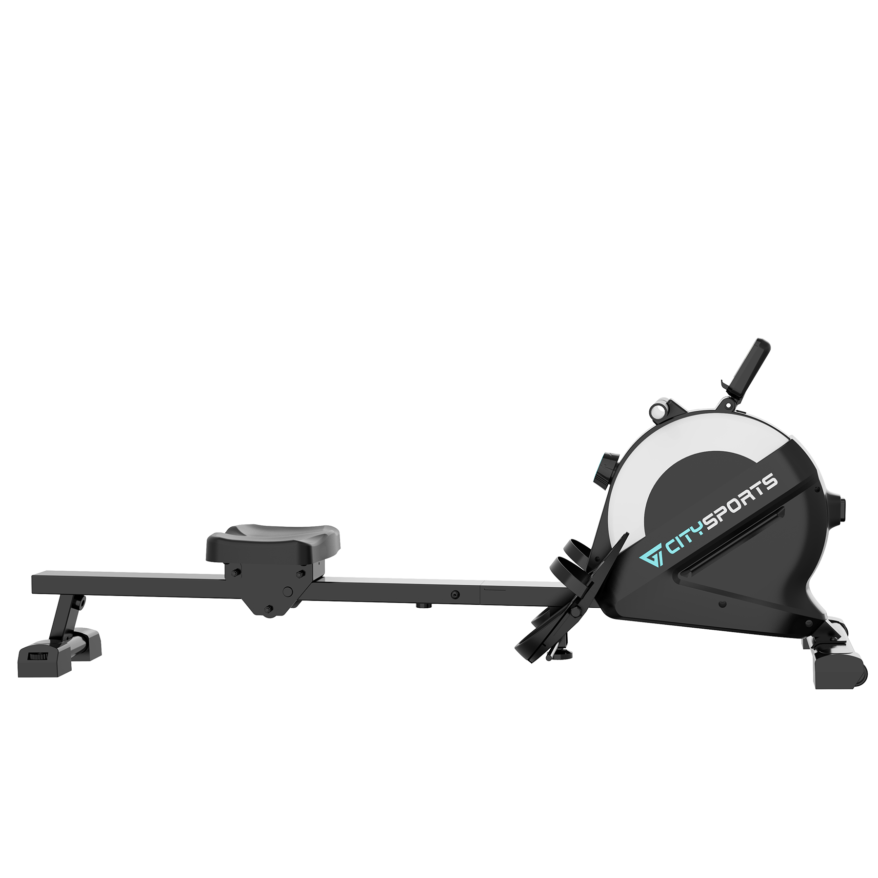 Czarno-biała maszyna do wiosłowania Citysports, z siedziskiem i wiosłami na białym tle.