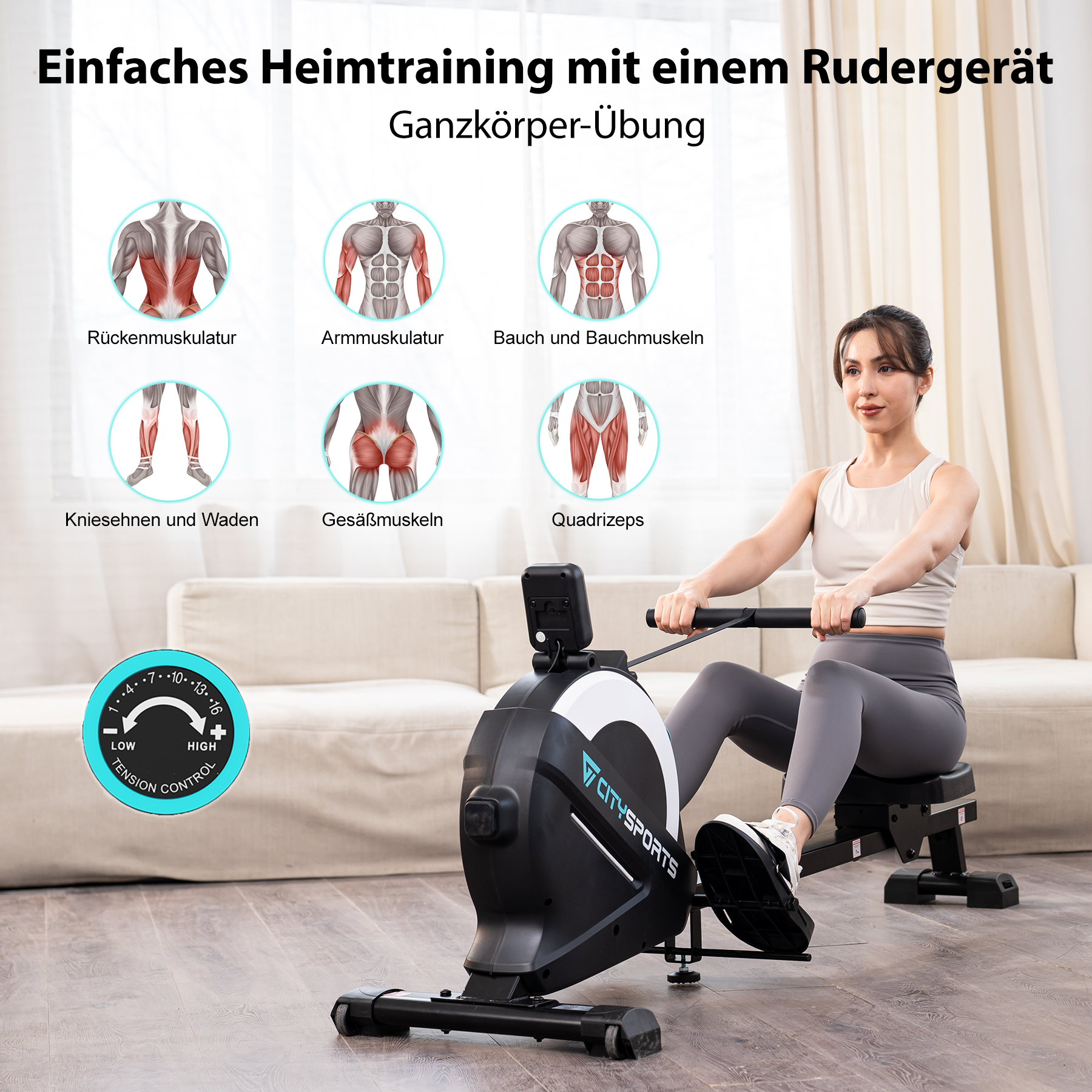 Frau benutzt ein Rudergerät. Diagramme zeigen Muskelgruppen. Text: Einfaches Heimtraining mit einem Rudergerät.