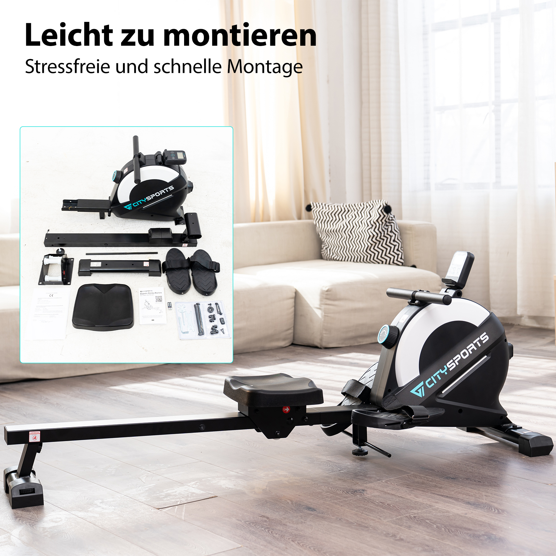 Rudergerät in einem Raum. Teile der Maschine befinden sich im eingesetzten Bild.