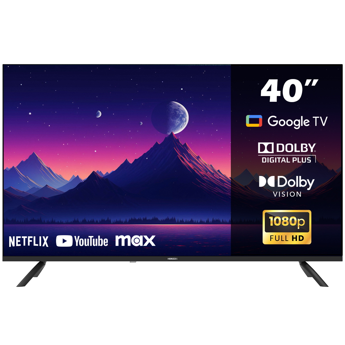 40" TV. Linkerkant is paars en blauw. Rechterkant is het tv-scherm met logo's.