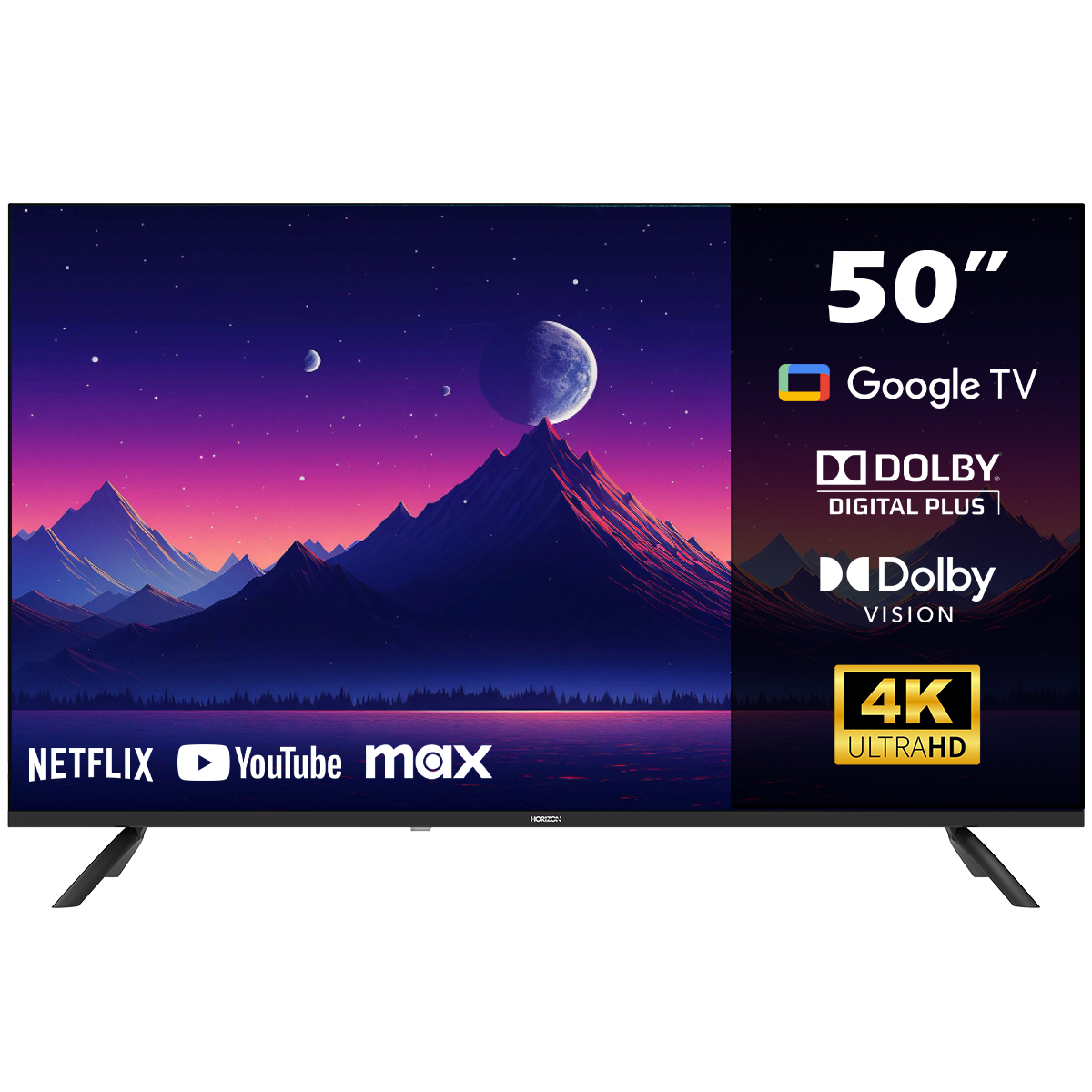 50 inch tv met een levendige ruimtescène op het scherm. Google TV en Netflix logo's zijn te zien.