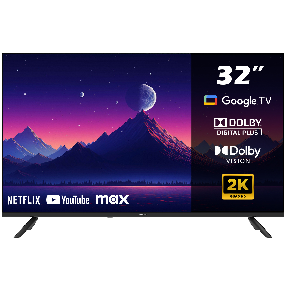 32-inch tv met een kleurrijke scène. Logo's: Netflix, YouTube, Max, Google TV, Dolby Vision en 2K.