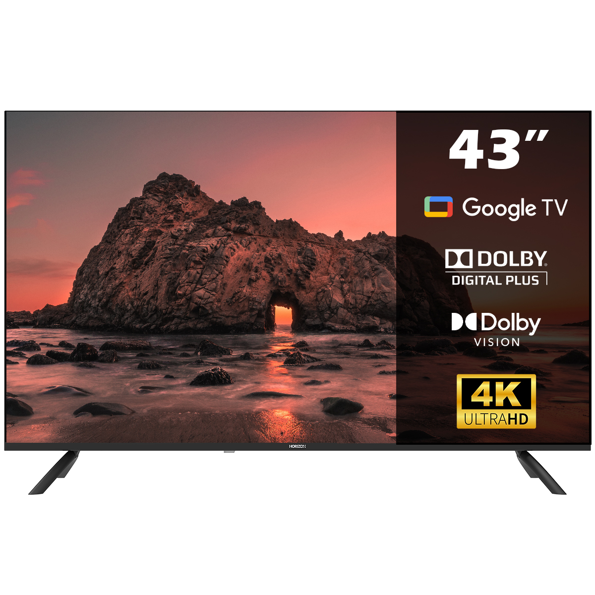 43" TV met Google TV, Dolby Vision en 4K Ultra HD. Een strandscène op het scherm.