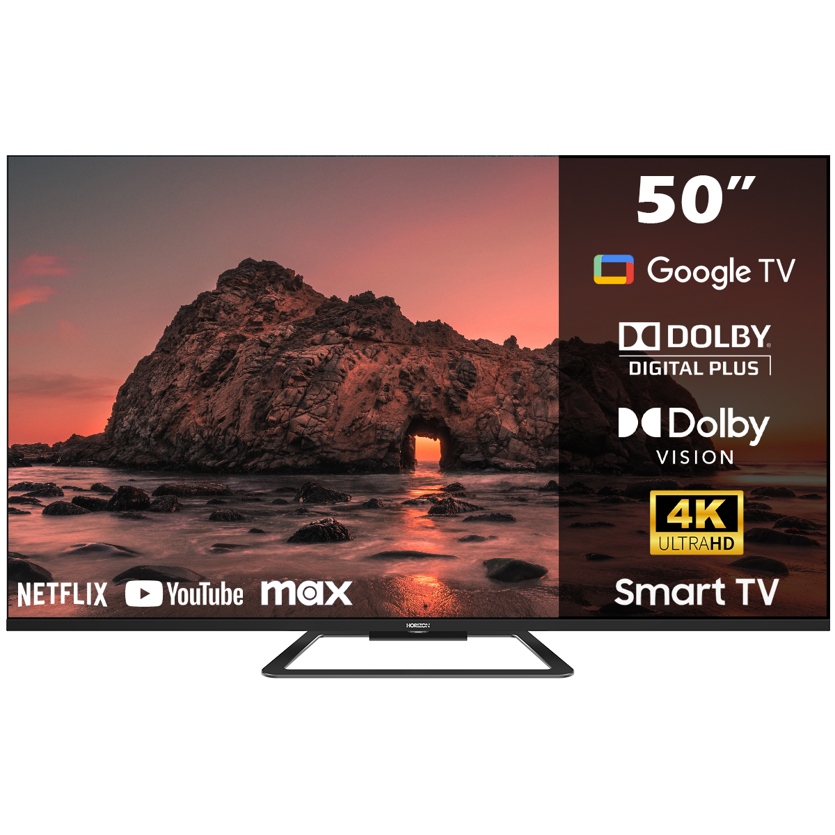 Een 50-inch Smart TV toont een zonsondergang boven een rotsformatie. Kenmerken: Google TV, Dolby en 4K.