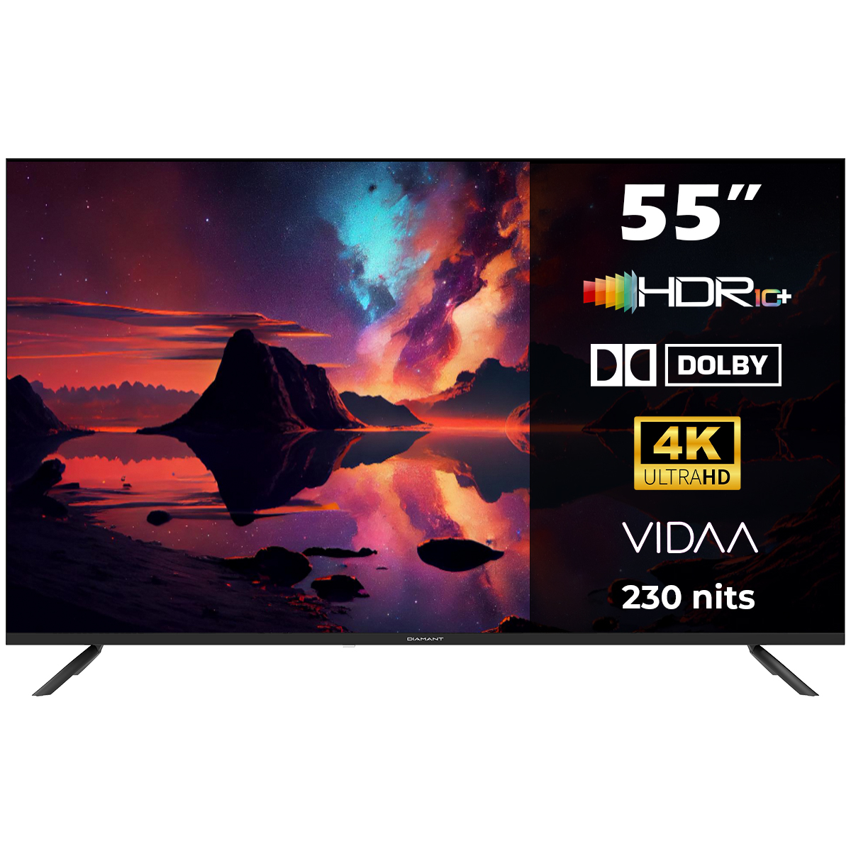 Een 55-inch tv-scherm dat een kleurrijke melkweg en productinformatie weergeeft.