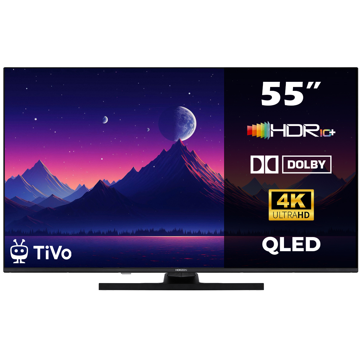 55-inch tv met berglandschap links en functies rechts.