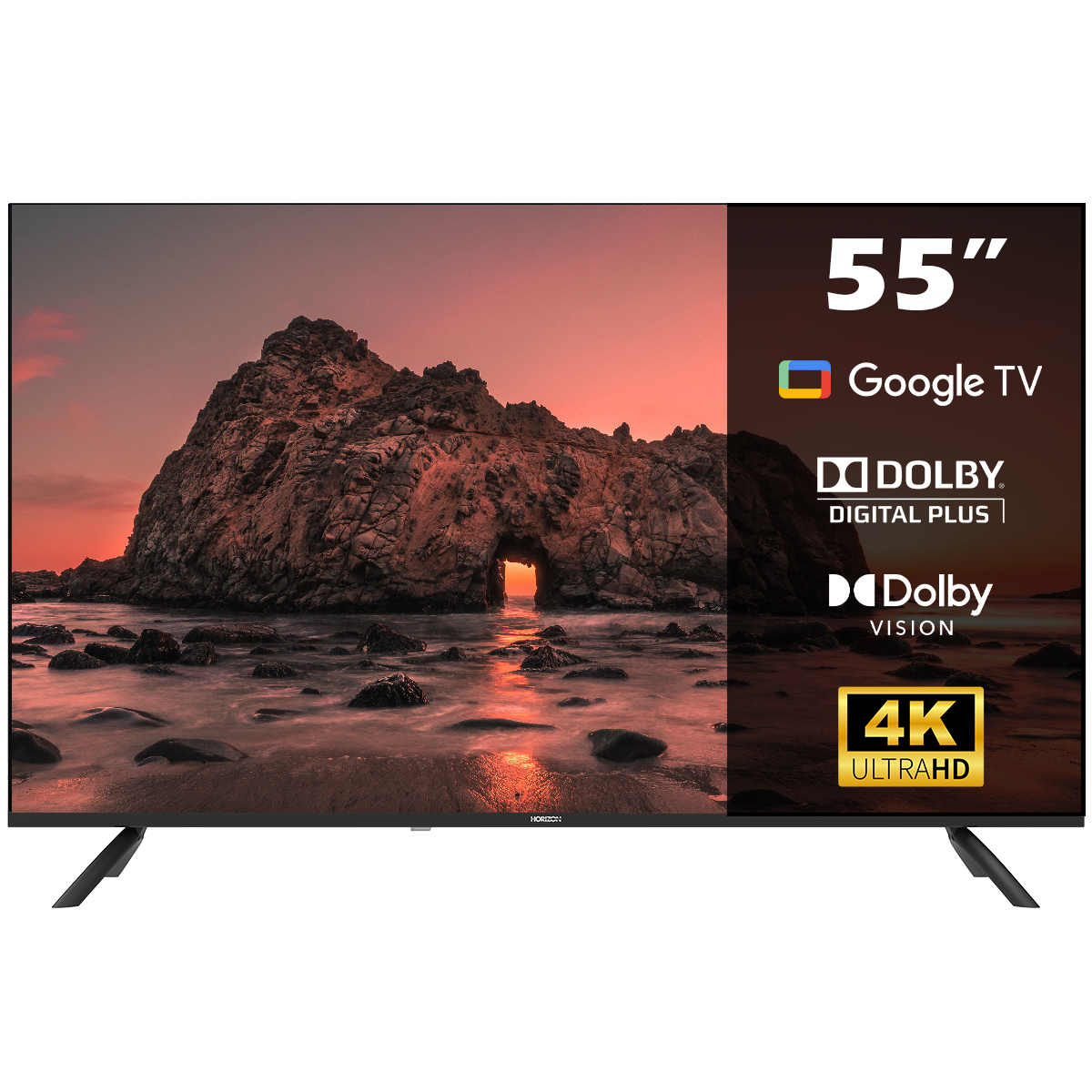 Een 55-inch tv die een zonsondergang laat zien. Google TV, Dolby en 4K Ultra HD logo's zijn zichtbaar.