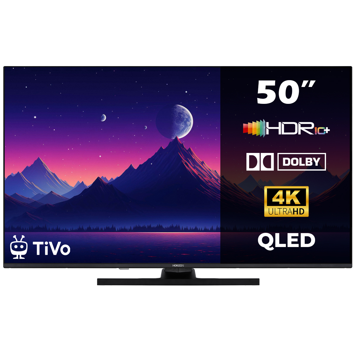 50 inch QLED TV met HDR+. Het scherm toont een paars en blauw landschap. De tv is zwart.