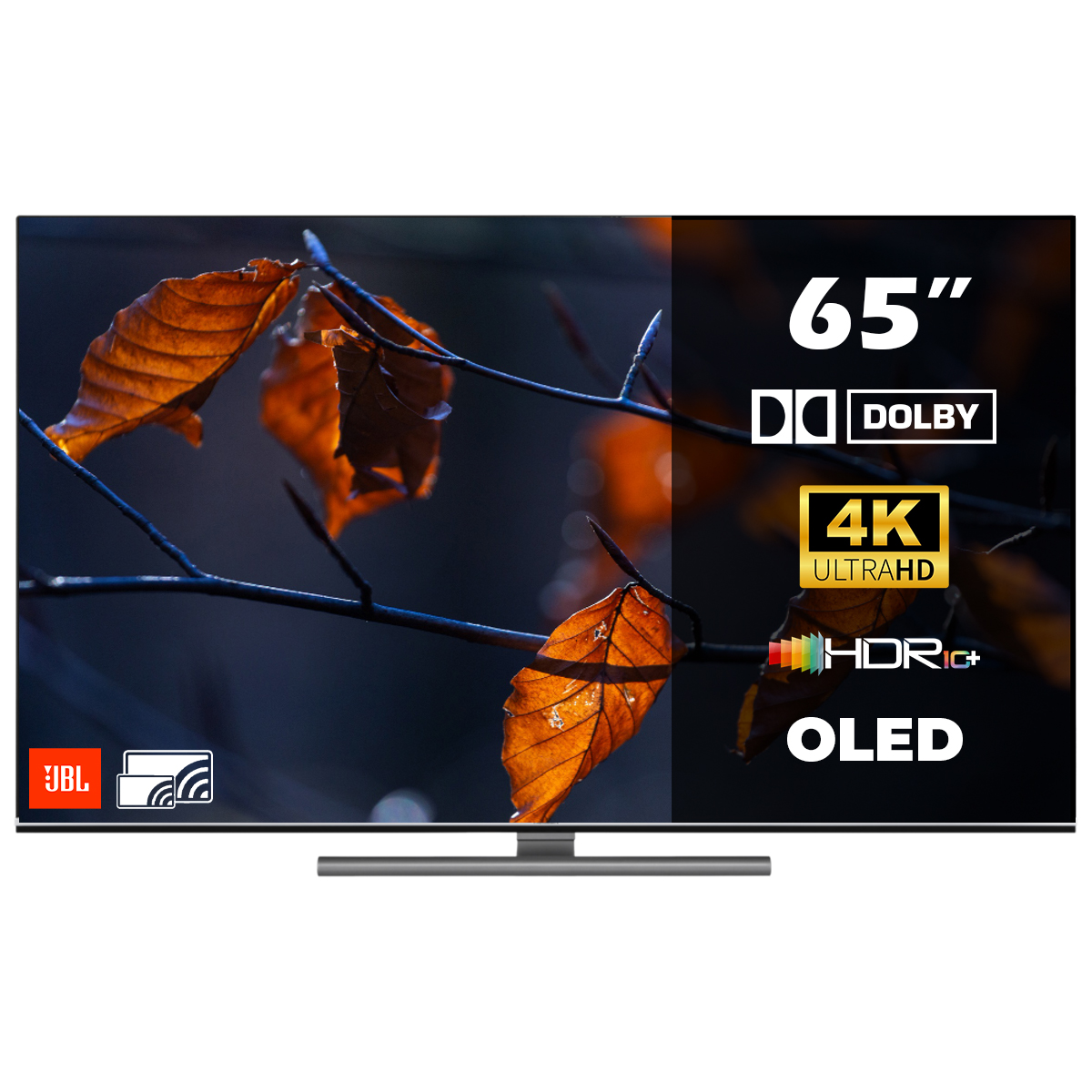 65" OLED-tv met herfstbladeren op de achtergrond.